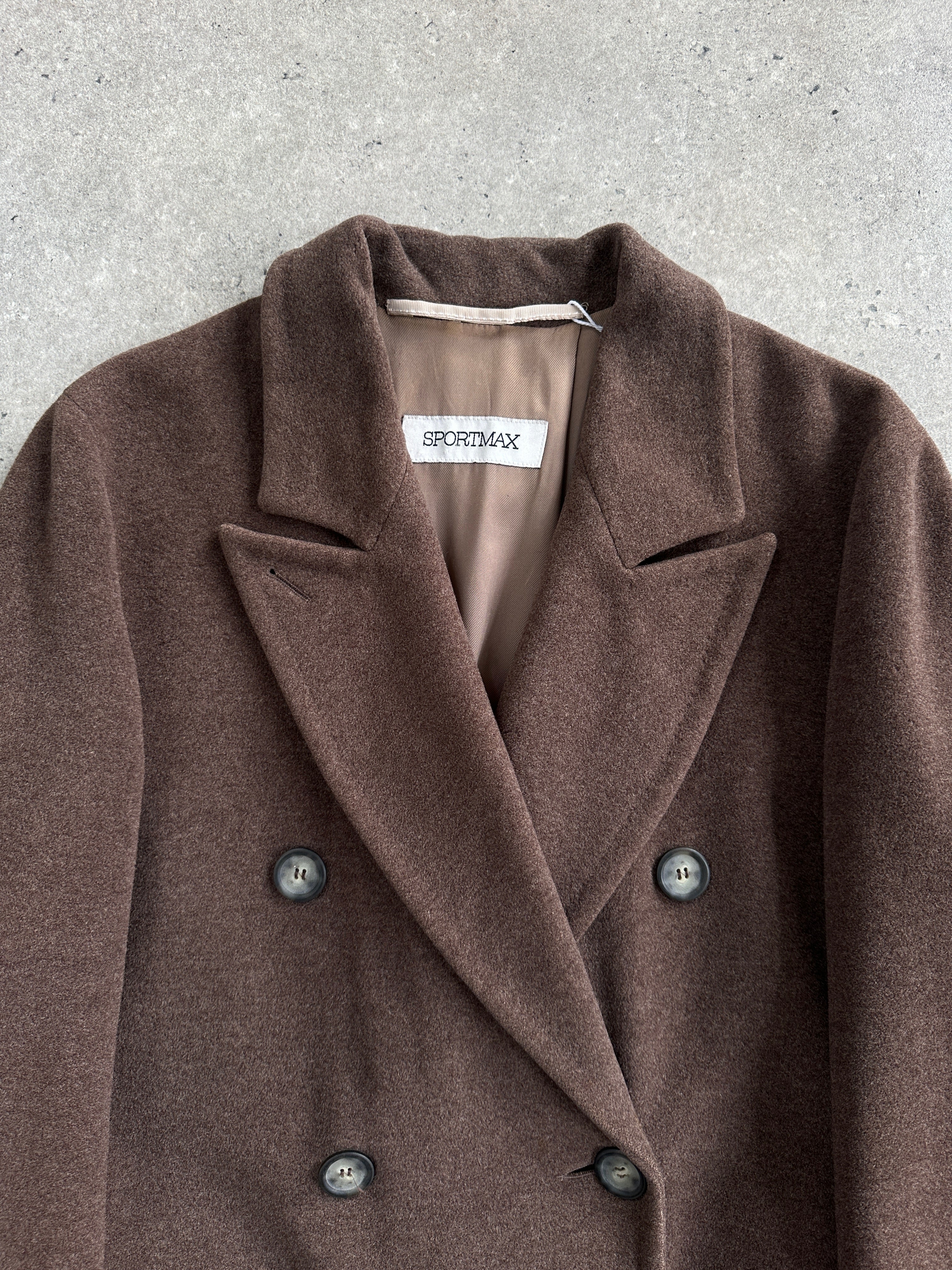 Sportmax 1990s wool double-breasted coat in size M/L, featuring classic design and tailored fit, showcased in the image.