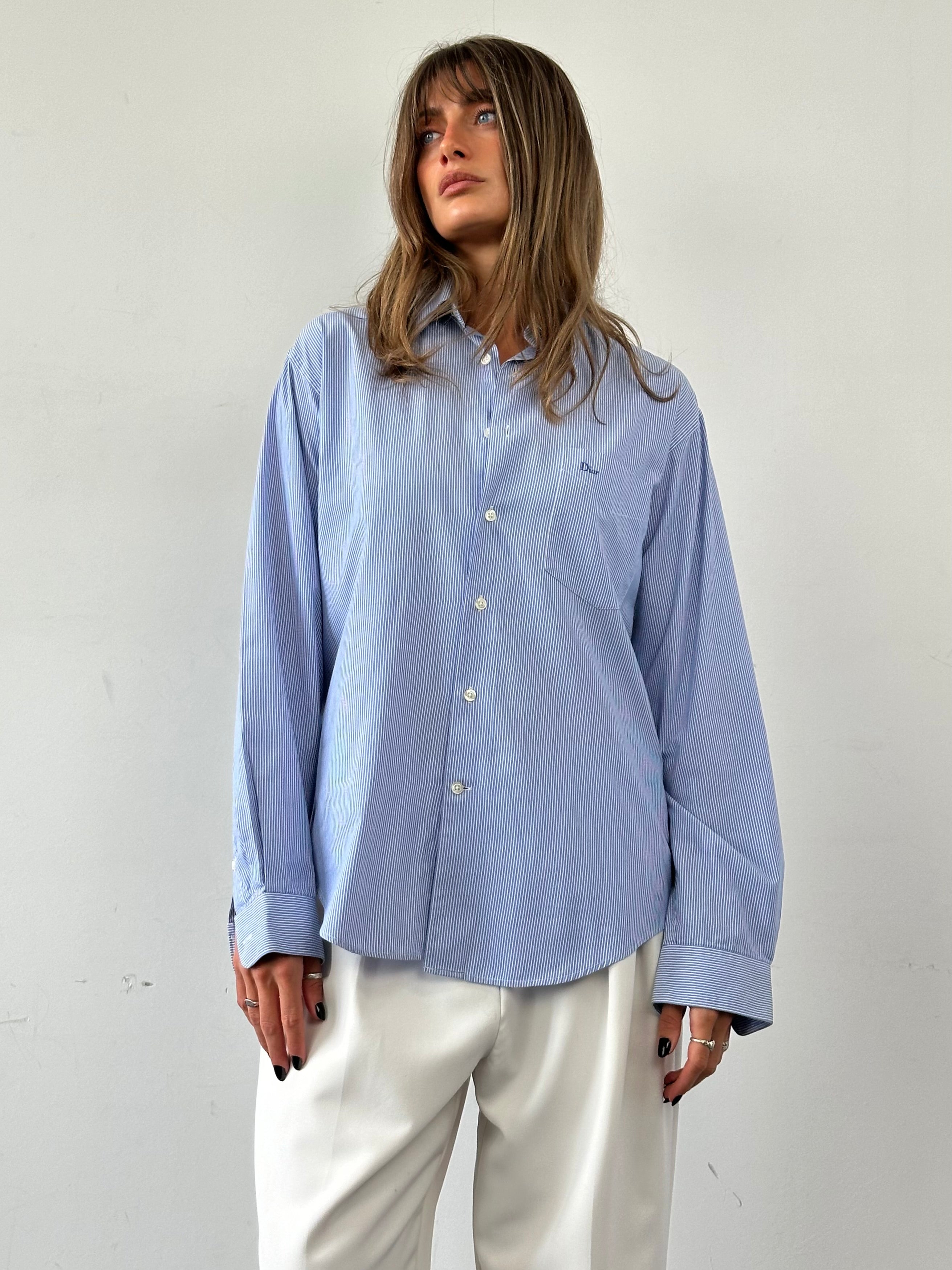 Christian Dior Monsieur cotton stripe logo shirt in M/L, featuring classic striped pattern and brand logo on the chest.