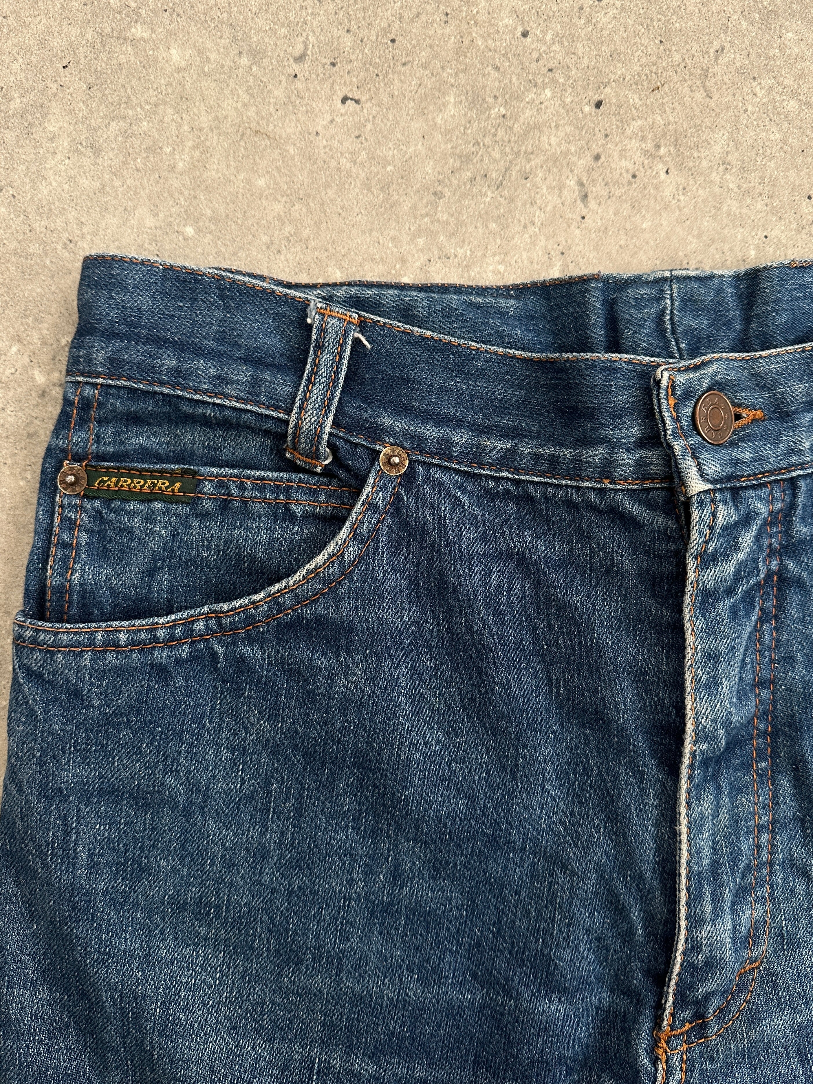 Carrera Italian straight leg denim jeans in size W30, featuring classic five-pocket design and dark blue wash.