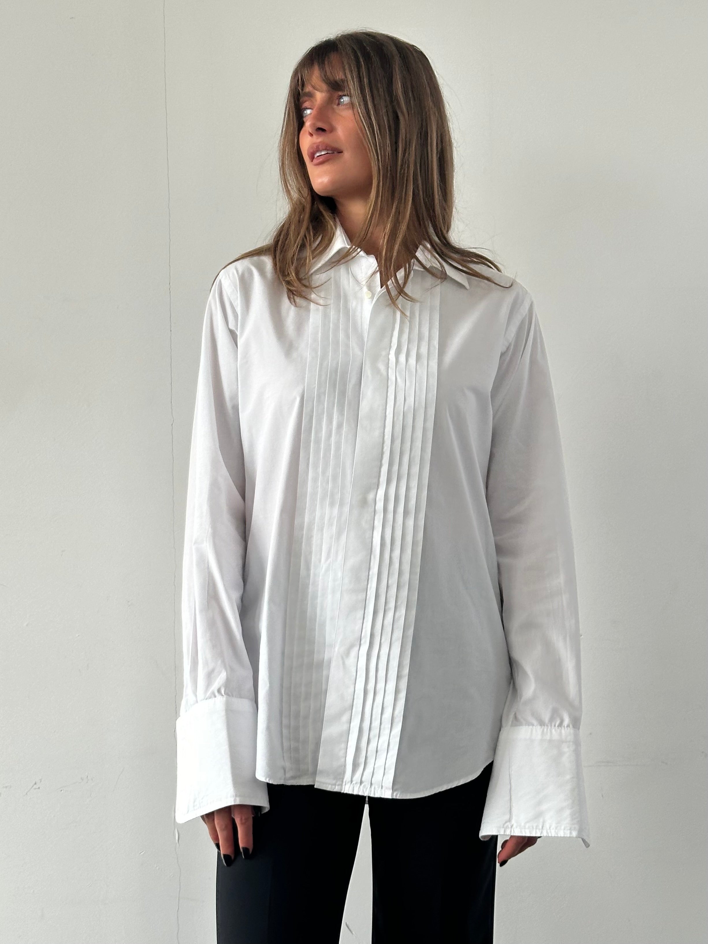 Christian Dior Monsieur cotton logo tuxedo dress shirt, M/L, white with subtle Dior branding and classic collar detail.