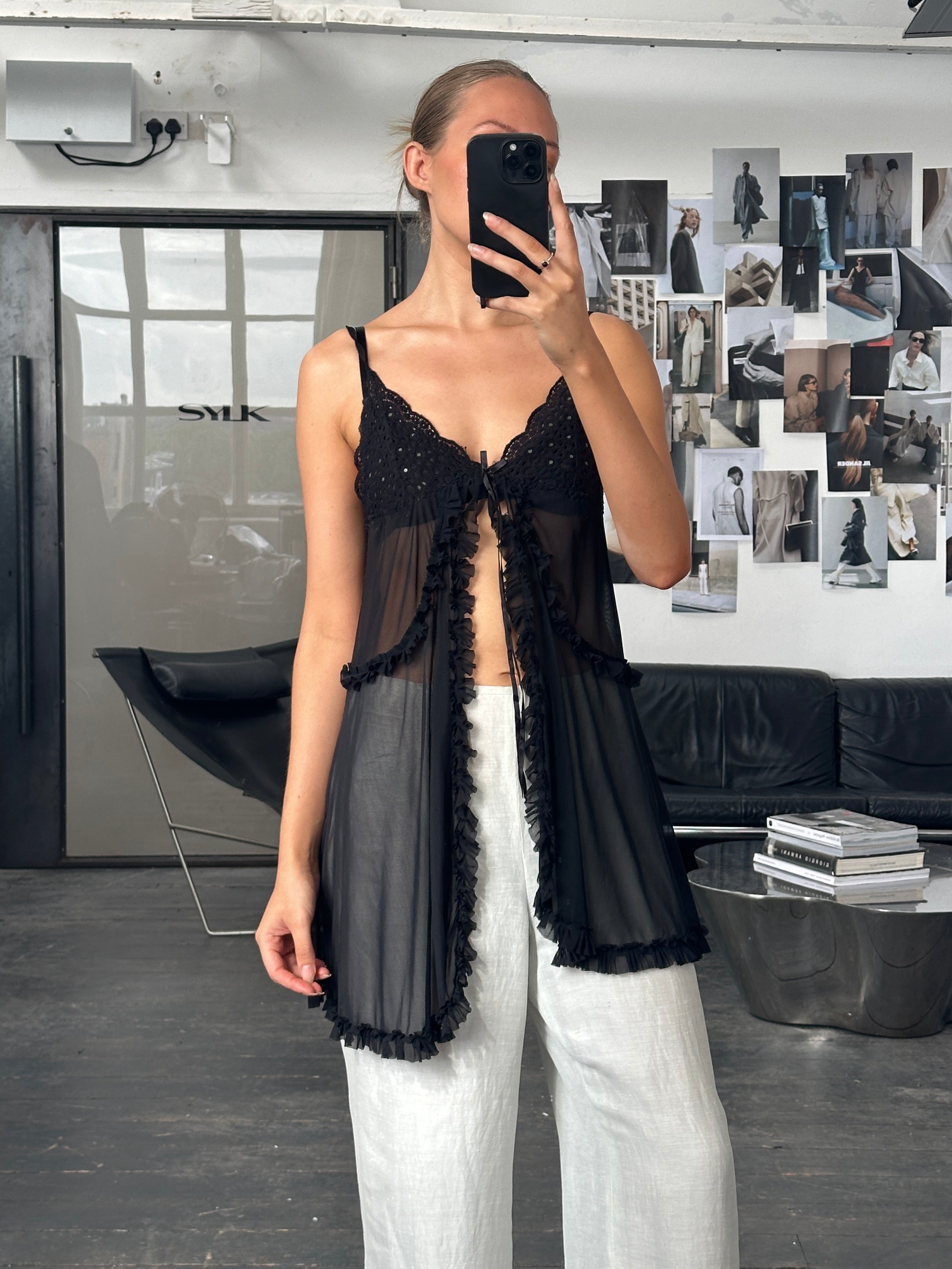 Vintage 2000s lace babydoll cami top with asymmetric split design, lightweight and feminine, size S-L, casual summer fashion.