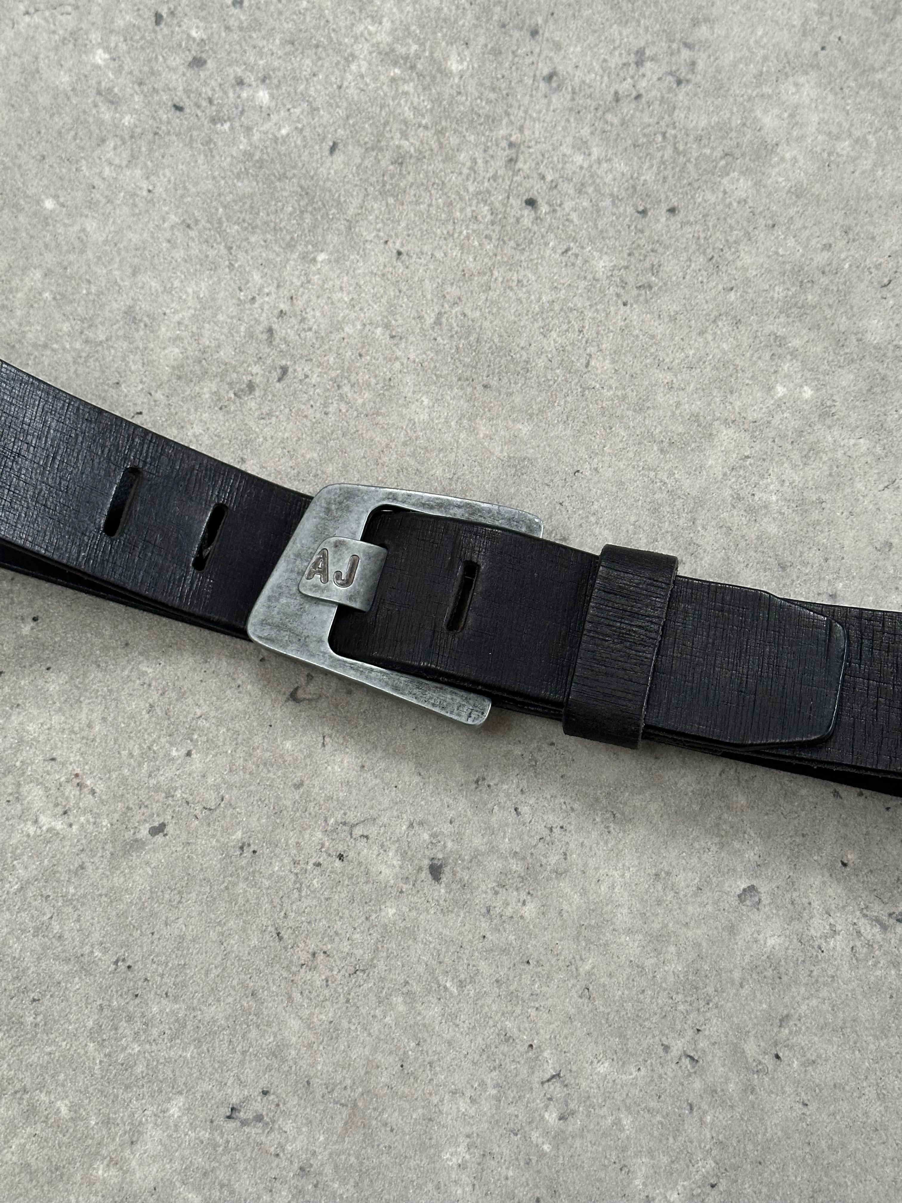 Armani Jeans leather belt with logo buckle, W30-34, featuring classic design and stylish branding, suitable for casual or formal wear.