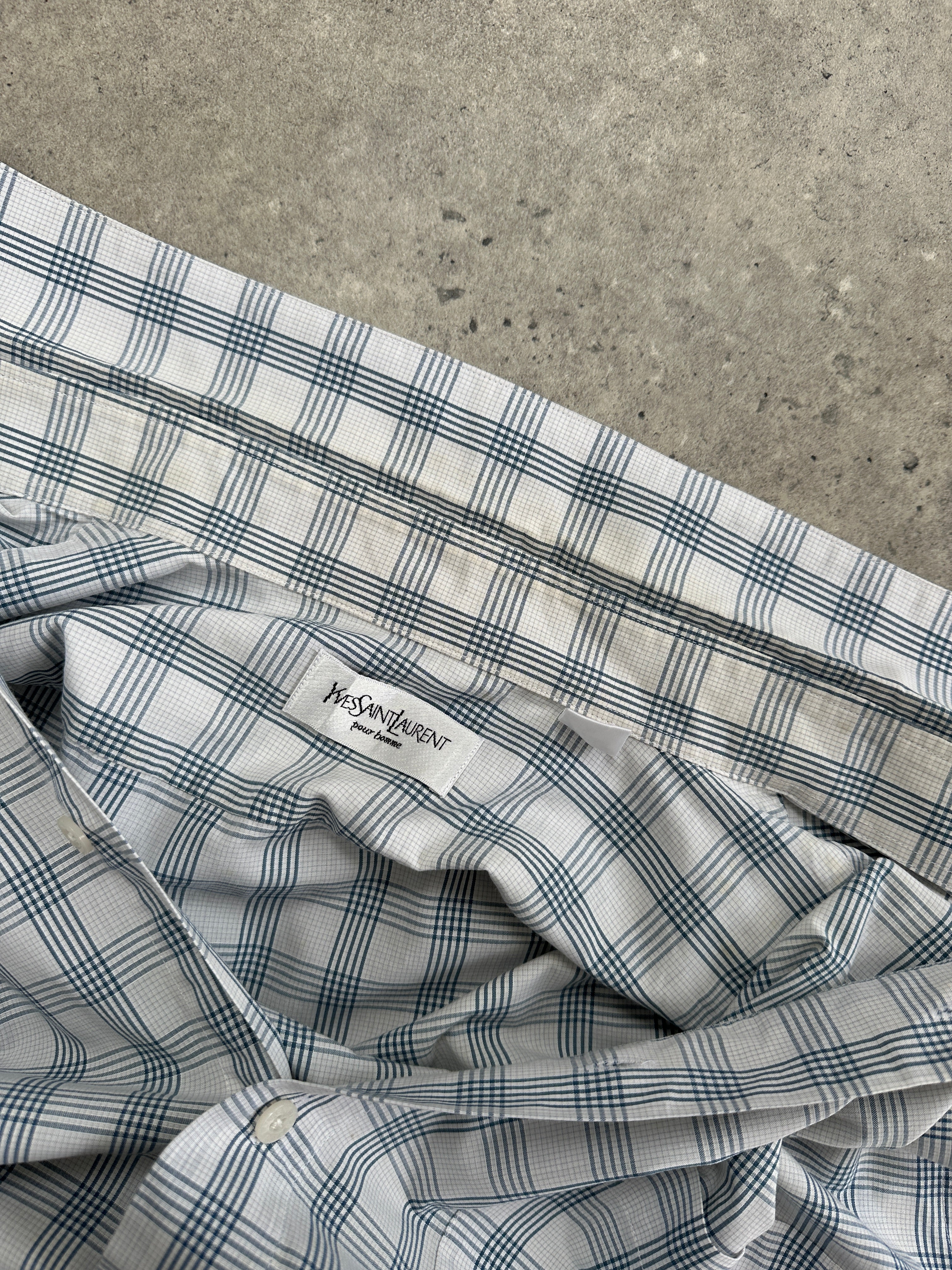 Yves Saint Laurent Pour Homme 2000s cotton check short sleeve logo shirt in XL, featuring a classic check pattern and YSL branding.