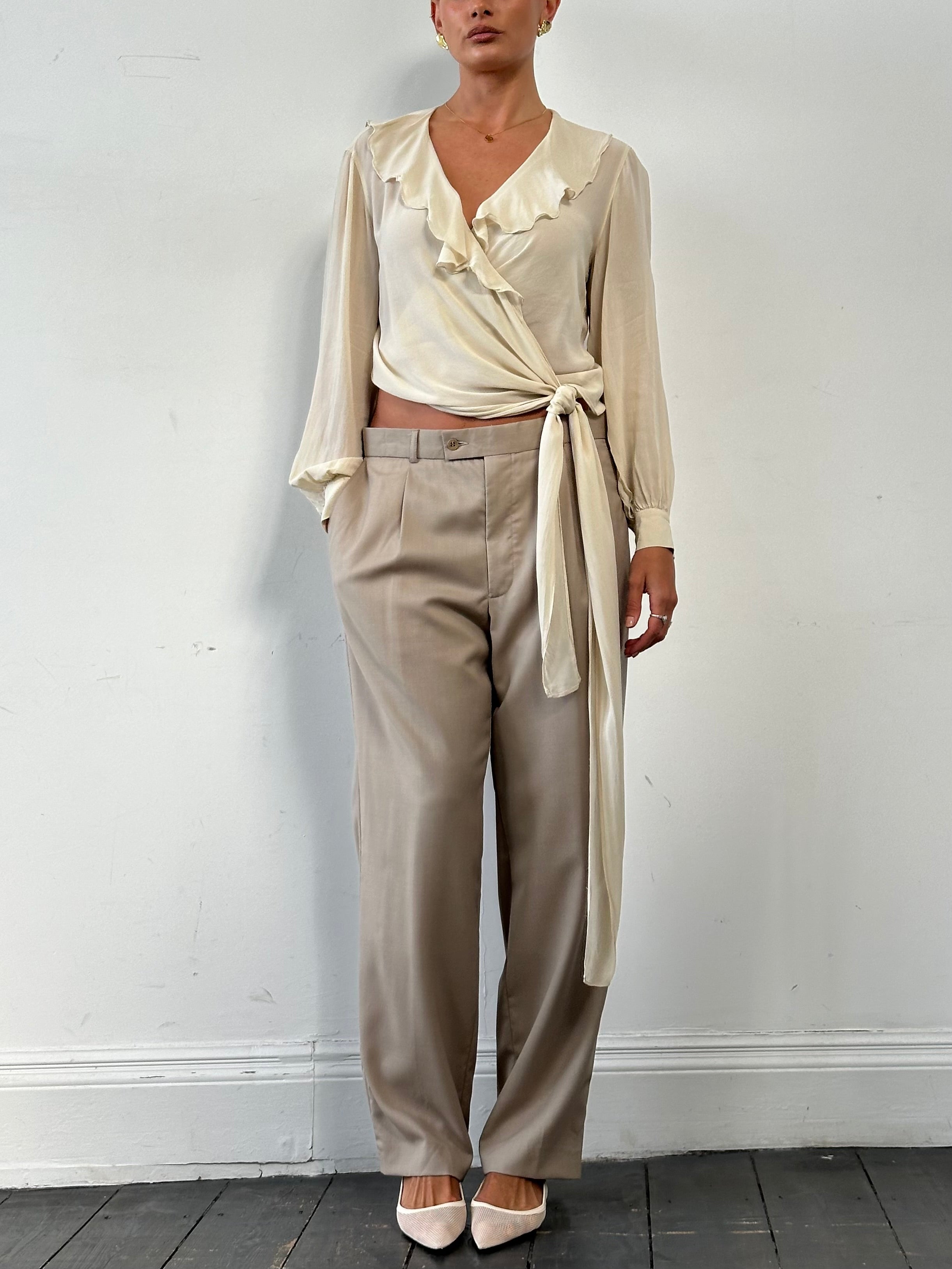 Max Mara pure silk frill wrap blouse in size large, featuring elegant ruffle details and a sophisticated shirt design.