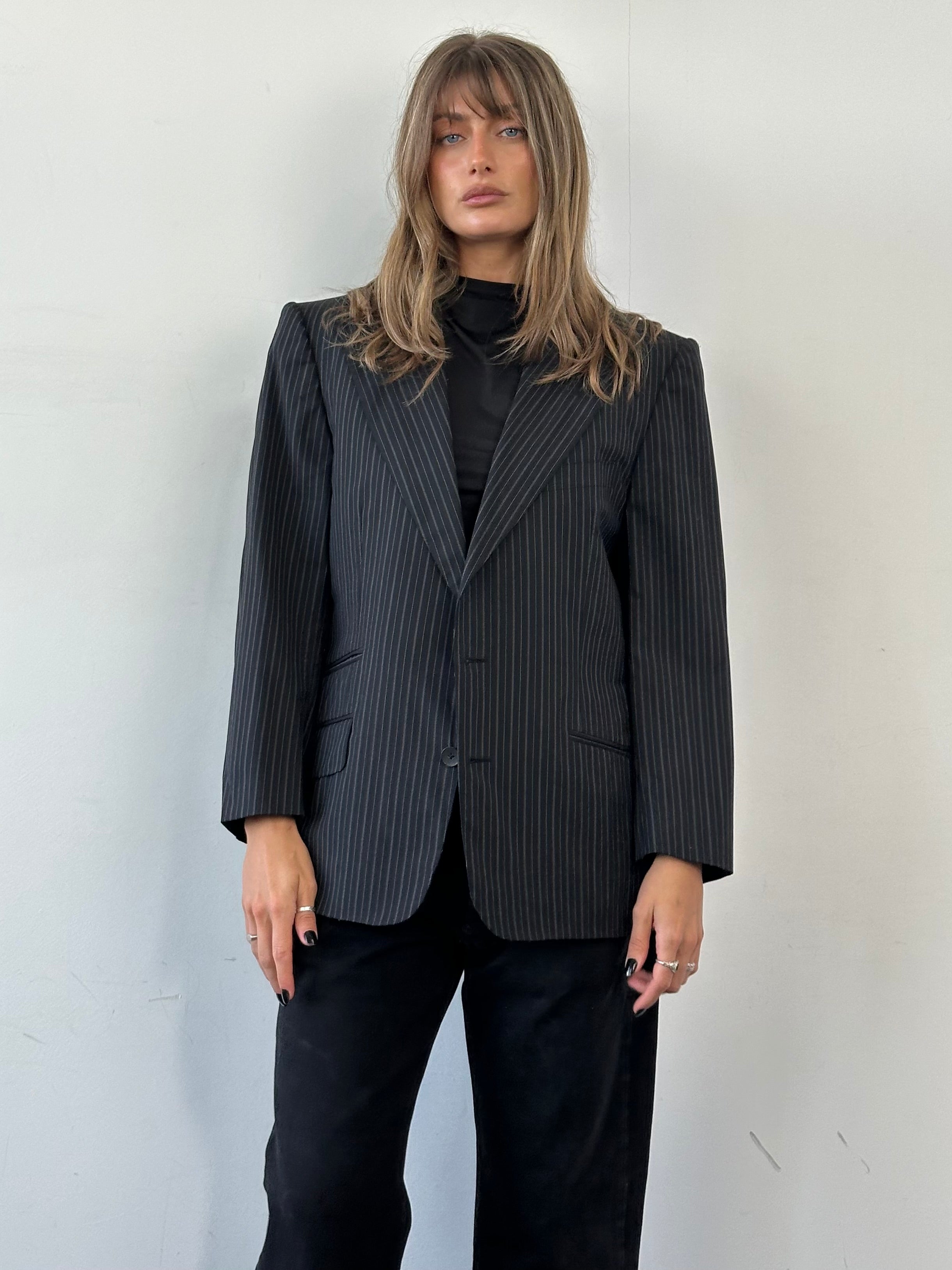 Gucci wool stripe dagger collar blazer in navy and white, tailored fit with notched lapel and stylish design.