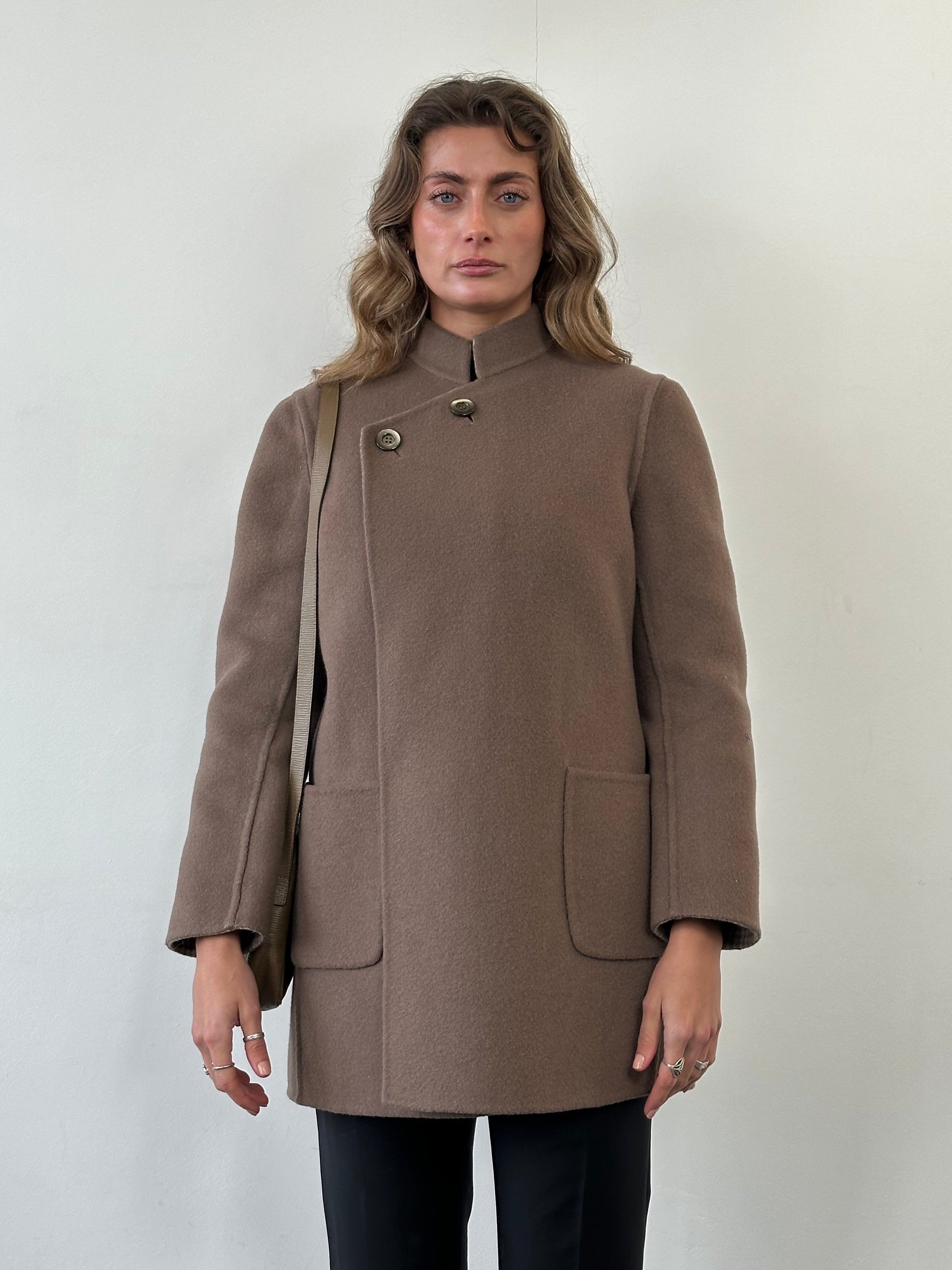 Vintage Italian vintage wool reversible belted coat, size M, showcasing classic design and warm fabric.
