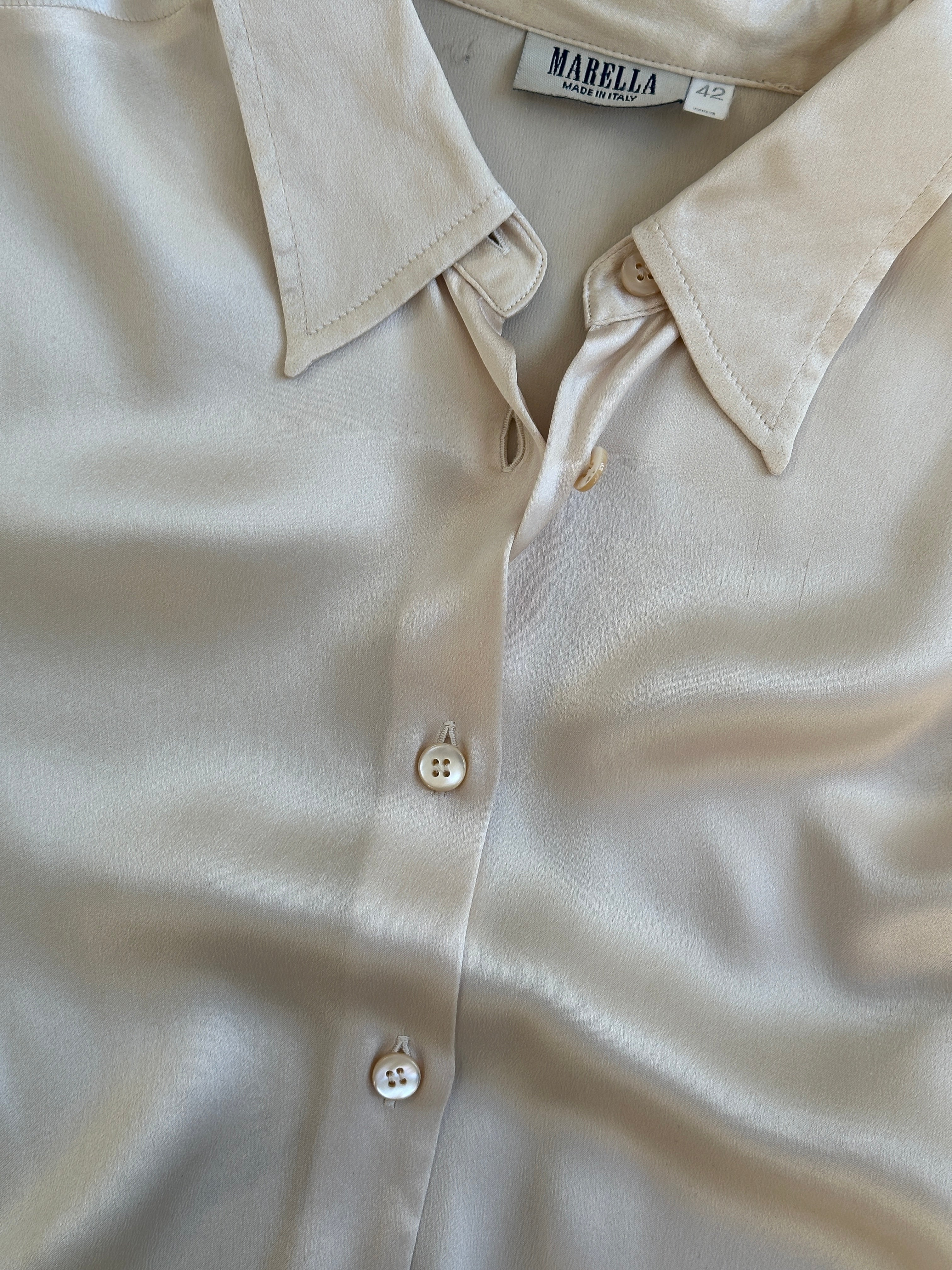 Marella satin fitted shirt in size S, featuring a sleek design and smooth fabric, showcased on a neutral background.