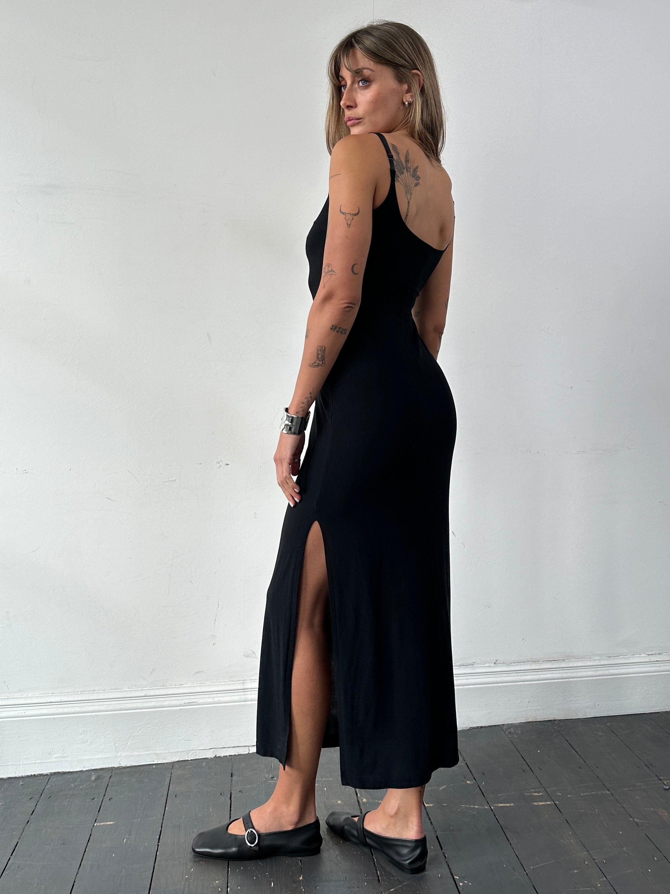 Vintage 90s side split stretch maxi dress in S/M size, featuring a flowing silhouette and classic vintage style.
