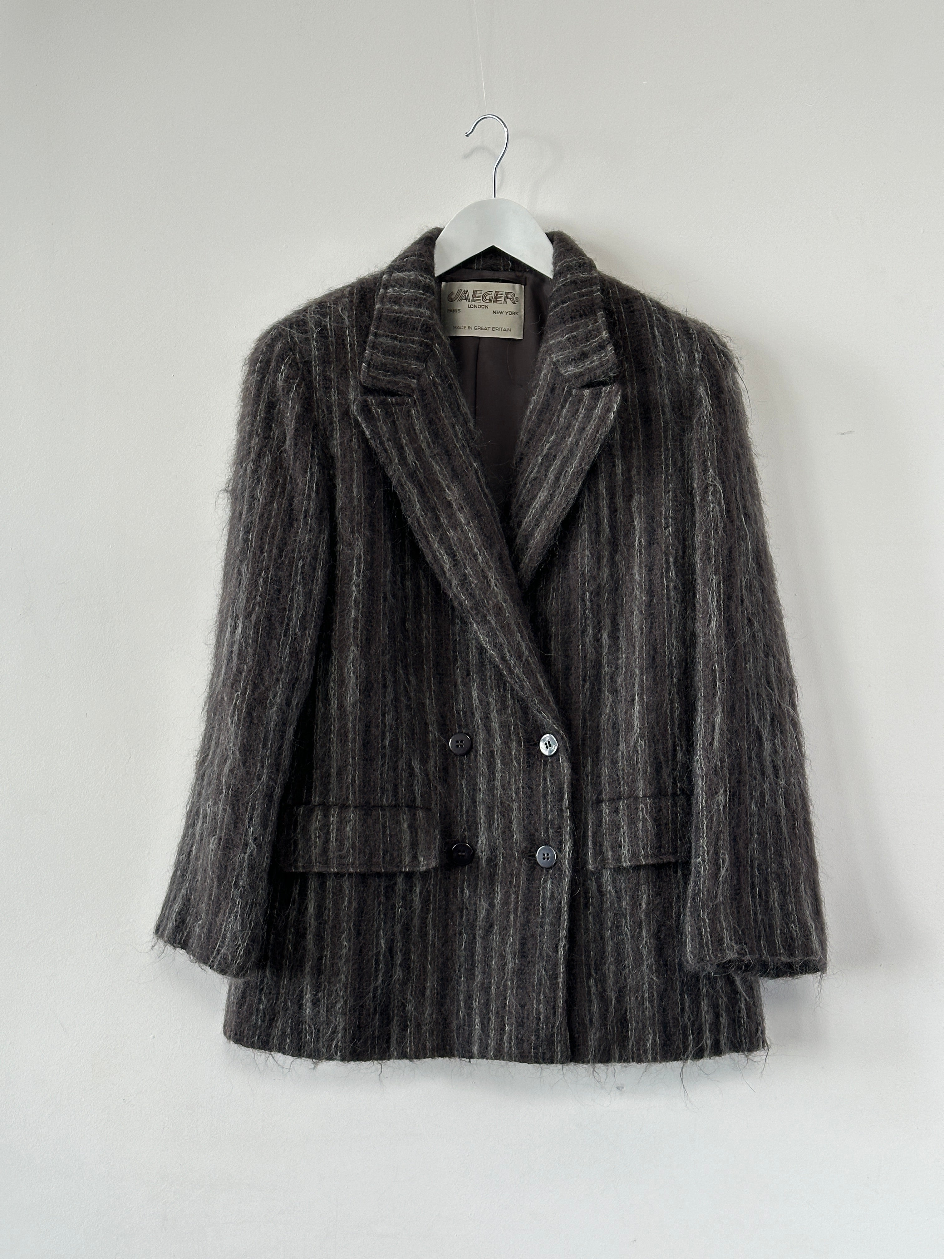 Jaeger mohair fuzzy stripe double-breasted coat in size M, showcasing the cozy textured fabric and stylish design.