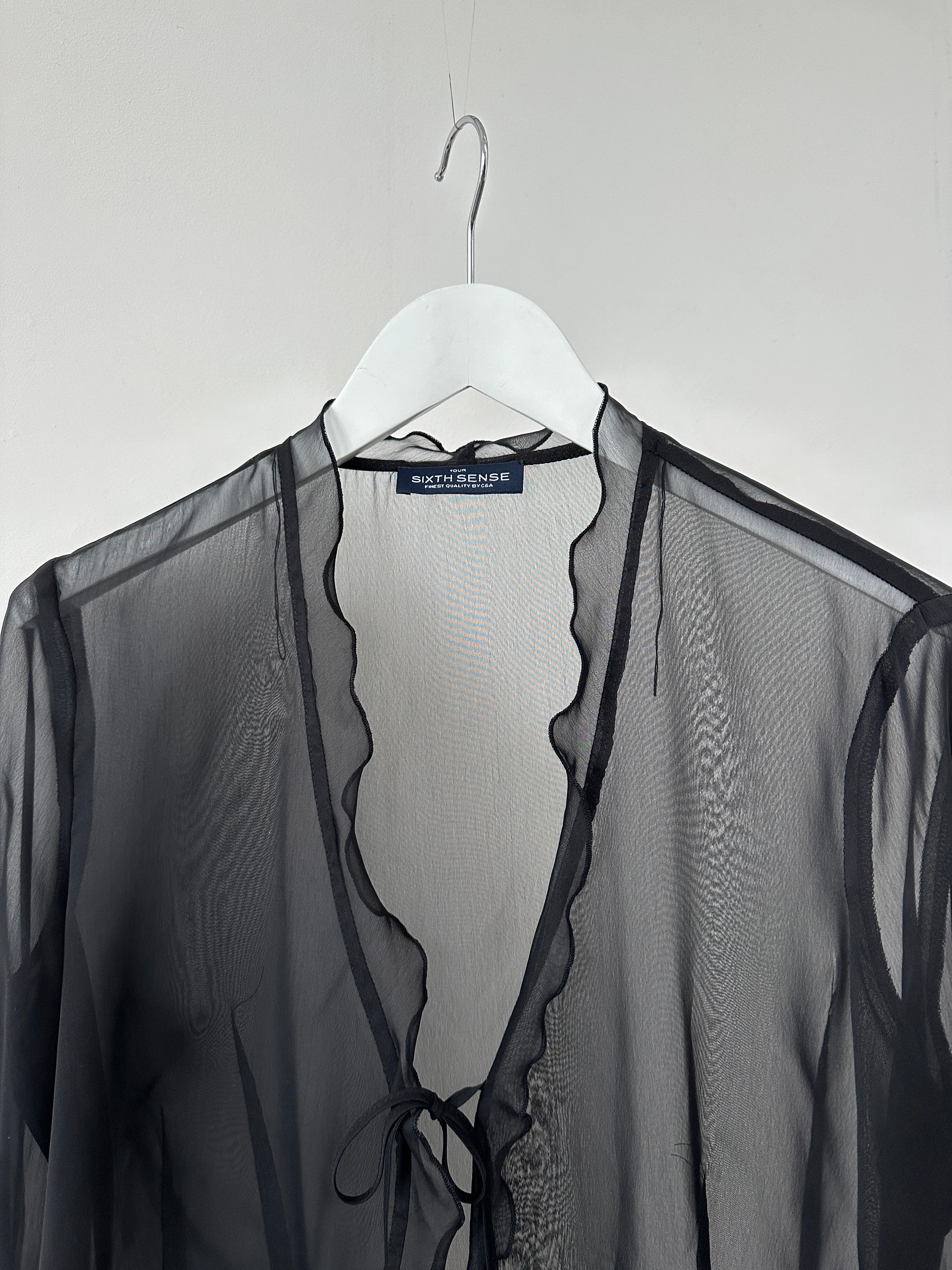 Vintage sheer tie-front cardigan top, size M, featuring lightweight fabric and stylish design with a front tie closure.