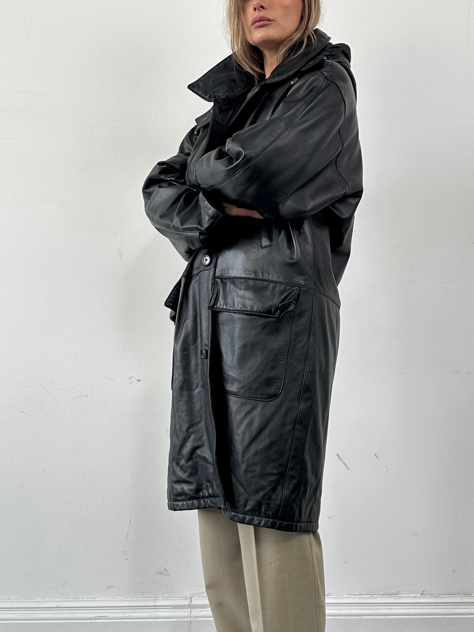 Vintage Italian vintage leather hooded trench coat, XL/XXL size, showing classic design and brown leather texture.
