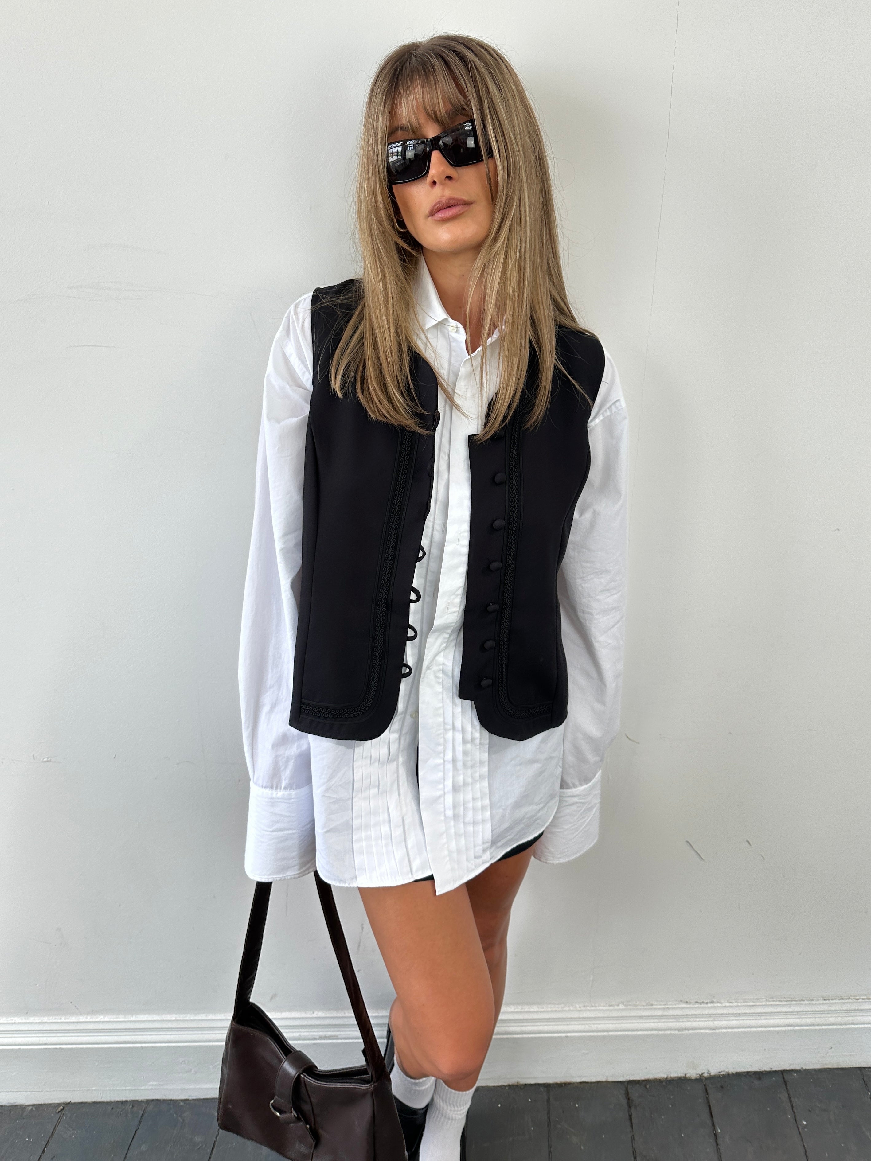 Christian Dior pleated tuxedo cotton shirt in size M, featuring a classic collared design with pleats on the front.