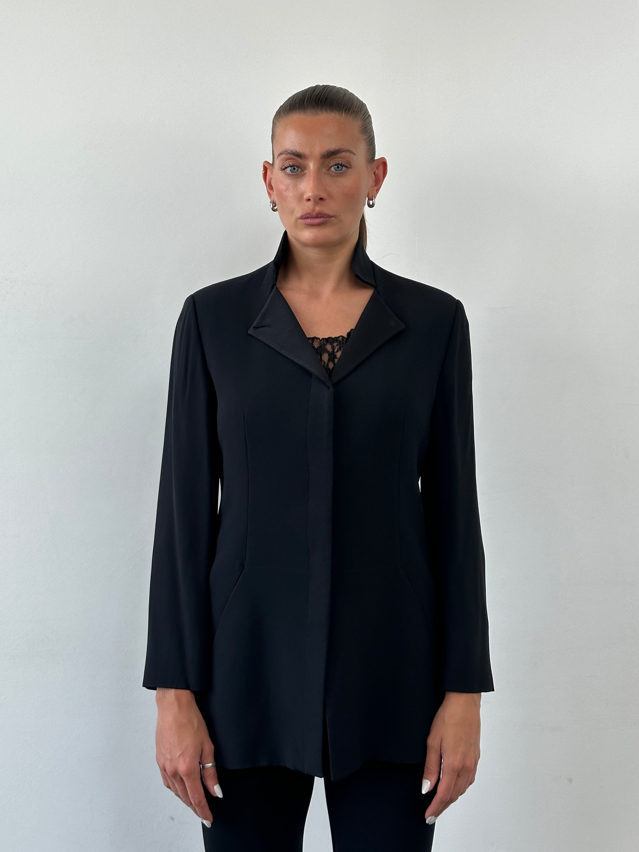 Emporio Armani 1990s high neck tailored blazer jacket in size M, navy blue with structured fit and classic lapel design.