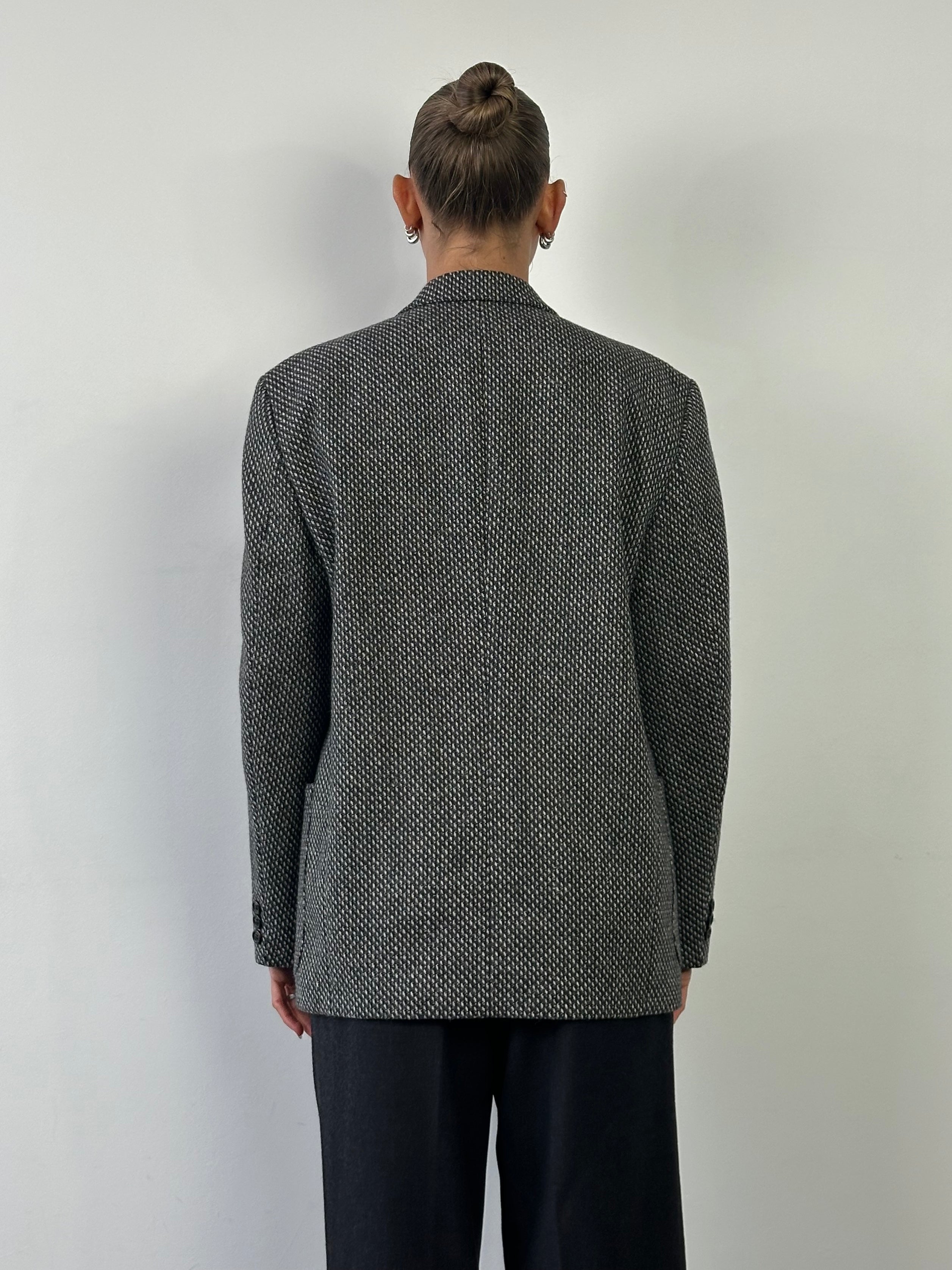 Vintage wool alpaca double-breasted blazer in size M, featuring woven fabric and classic tailored design.
