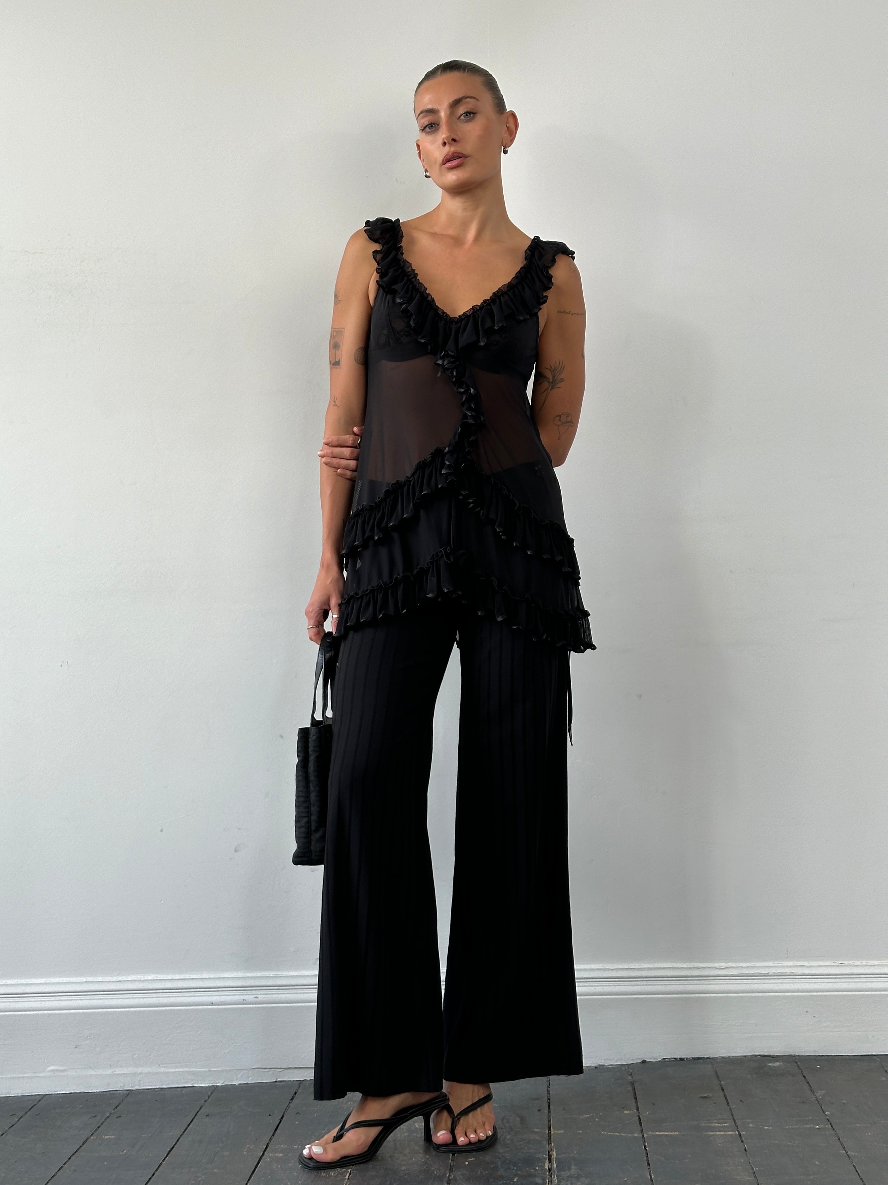 Richmond wide-leg trousers with a tie waist and stripe pattern, size W26-30, featuring a relaxed fit and stylish design.