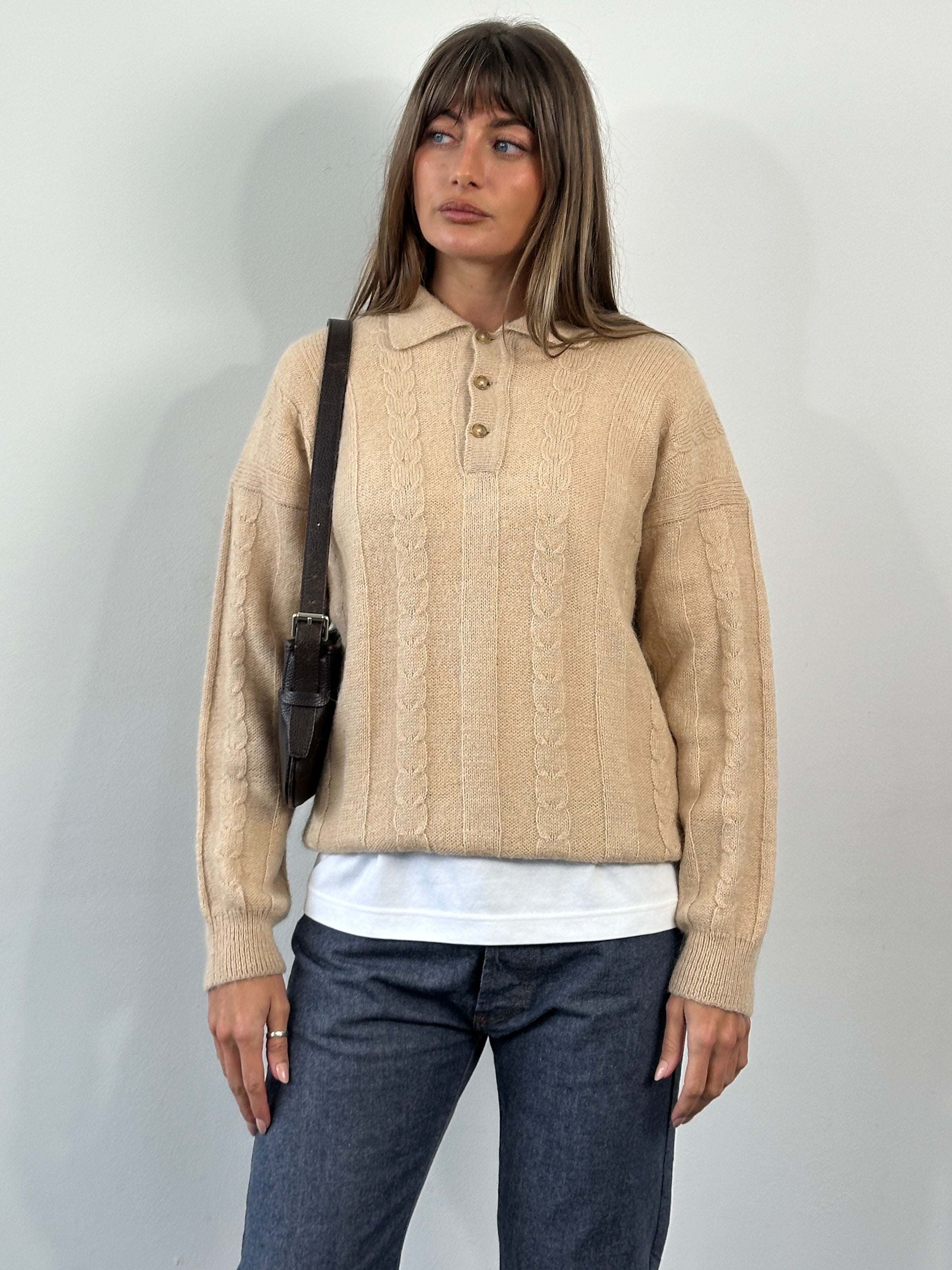 Vintage 1980s wool mohair knitted polo jumper in size M, featuring a classic design and textured knit pattern.