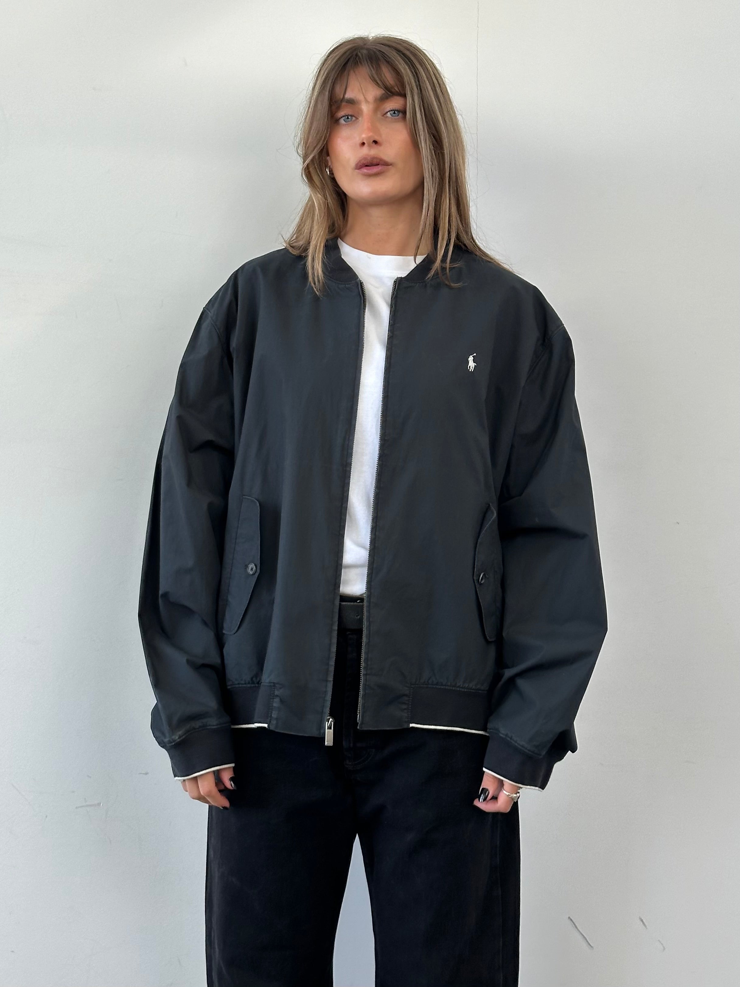 Ralph Lauren Pure Cotton Logo Bomber Jacket in XXL, black with embroidered Ralph Lauren logo, front view showing collar and zip.