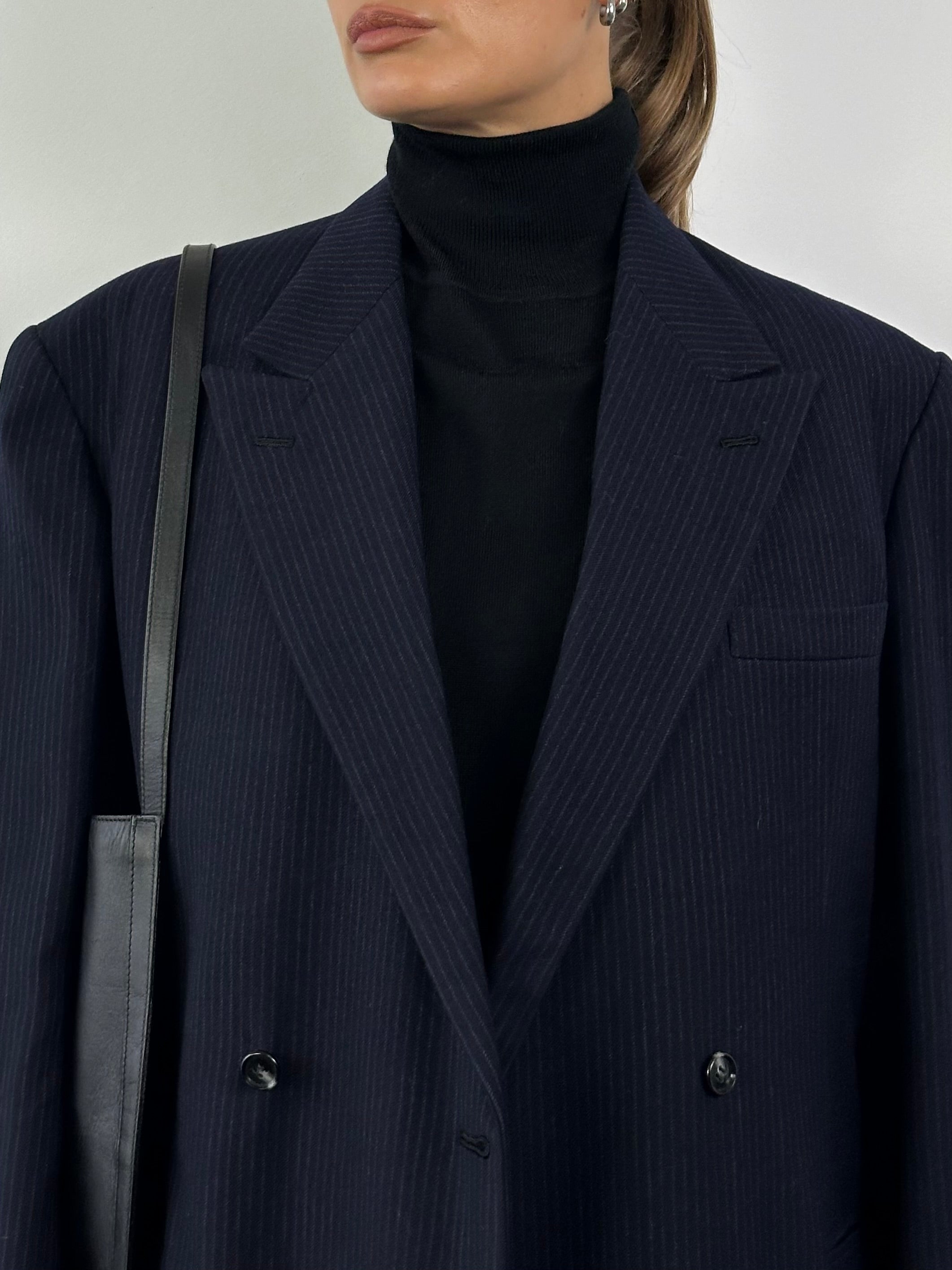 Vintage brushed wool stripe blazer in size 44R/XL, with a boxy fit and double-breasted design, shown on a hanger.