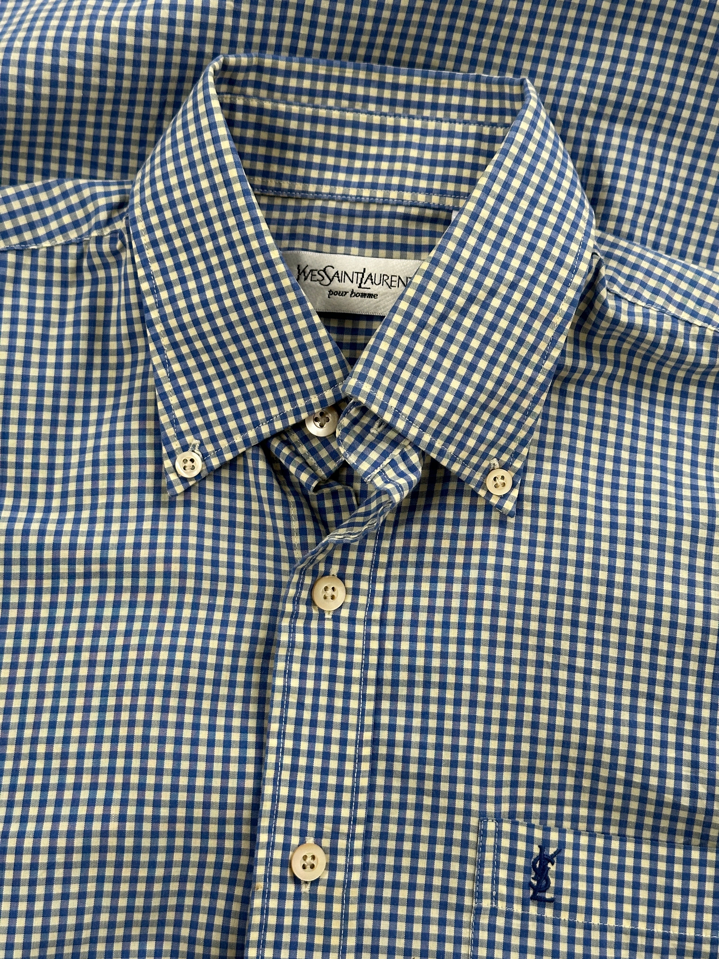 Yves Saint Laurent Pour Homme check cotton logo shirt in size S/M, featuring a classic check pattern and YSL logo detail.