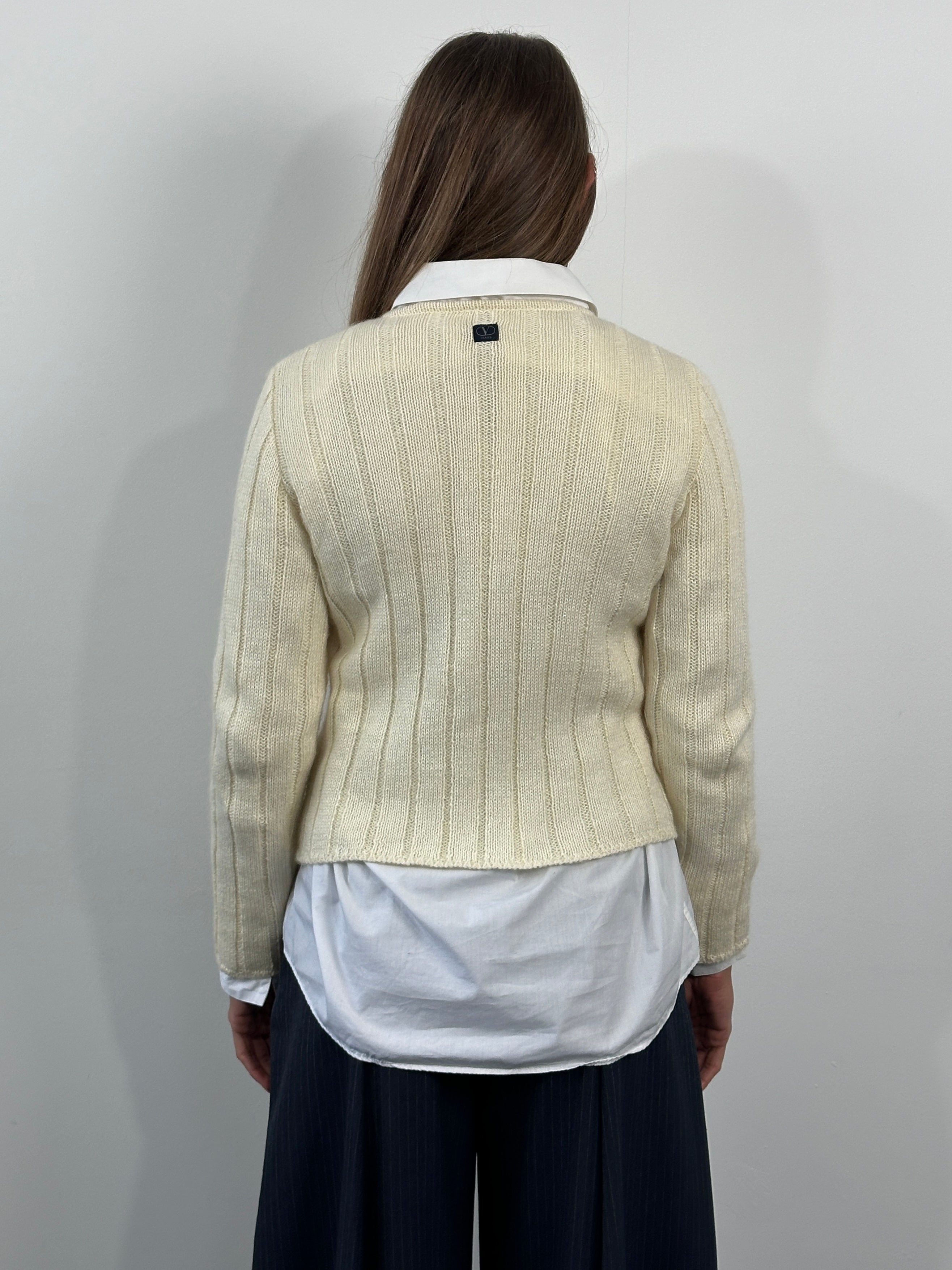 Valentino 1990s wool and mohair V-neck knitted jumper in size small, featuring a classic design and soft textured fabric.