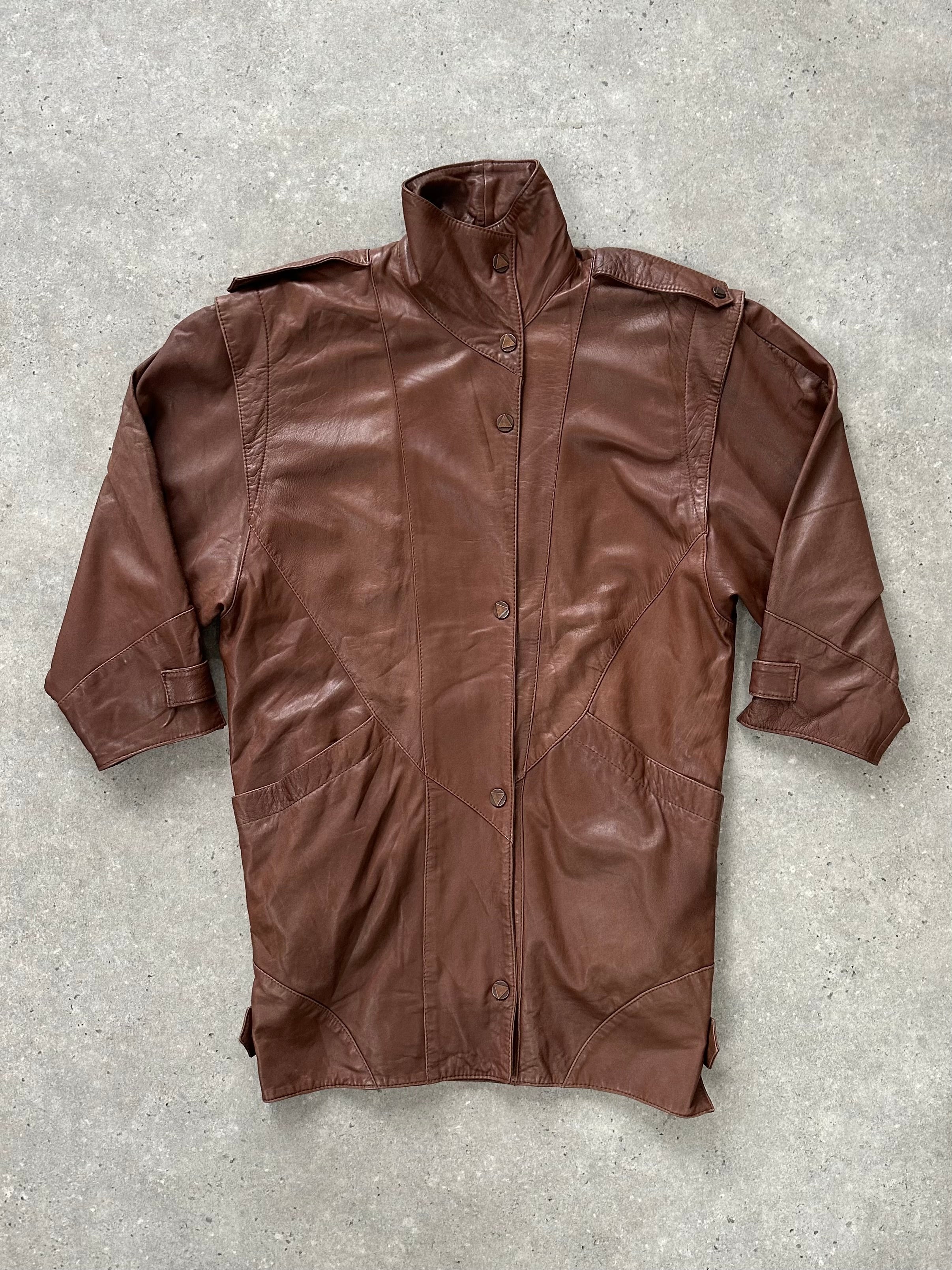 Vintage 1990s Leather High Neck Trench Coat - L - SYLK