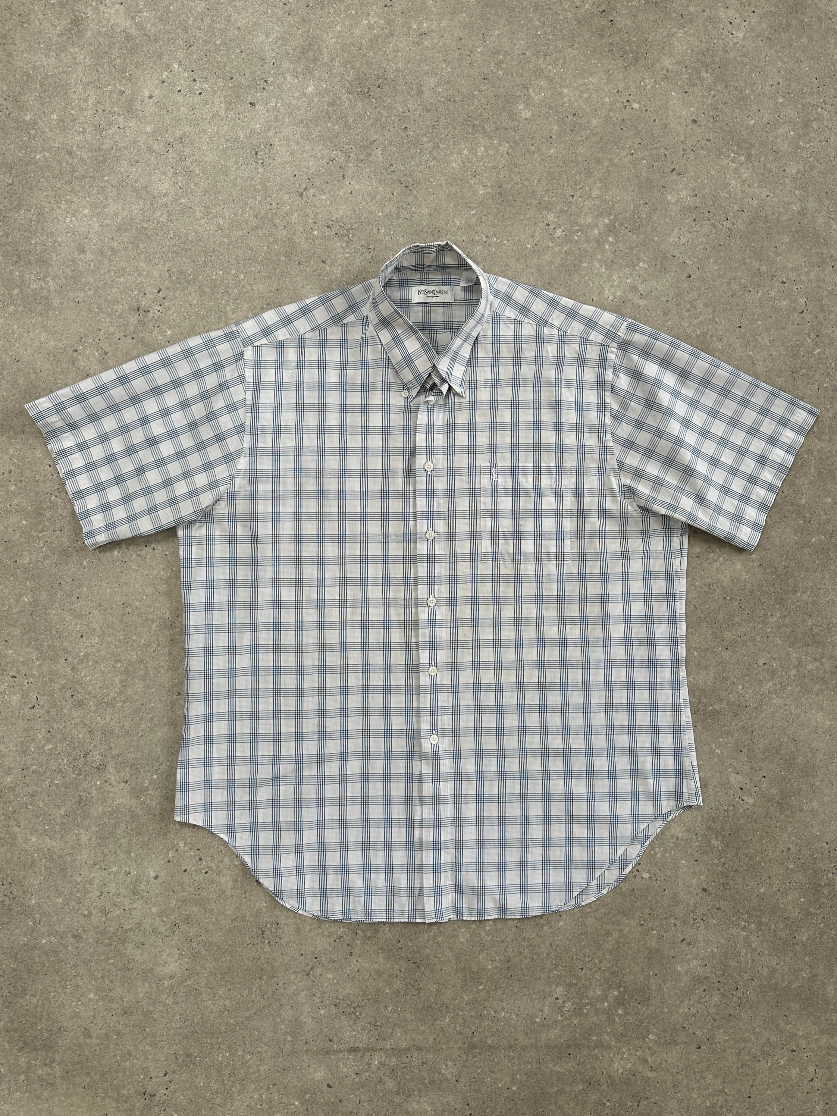 Yves Saint Laurent men's short sleeve cotton check logo shirt in XL, featuring a classic check pattern and YSL branding.