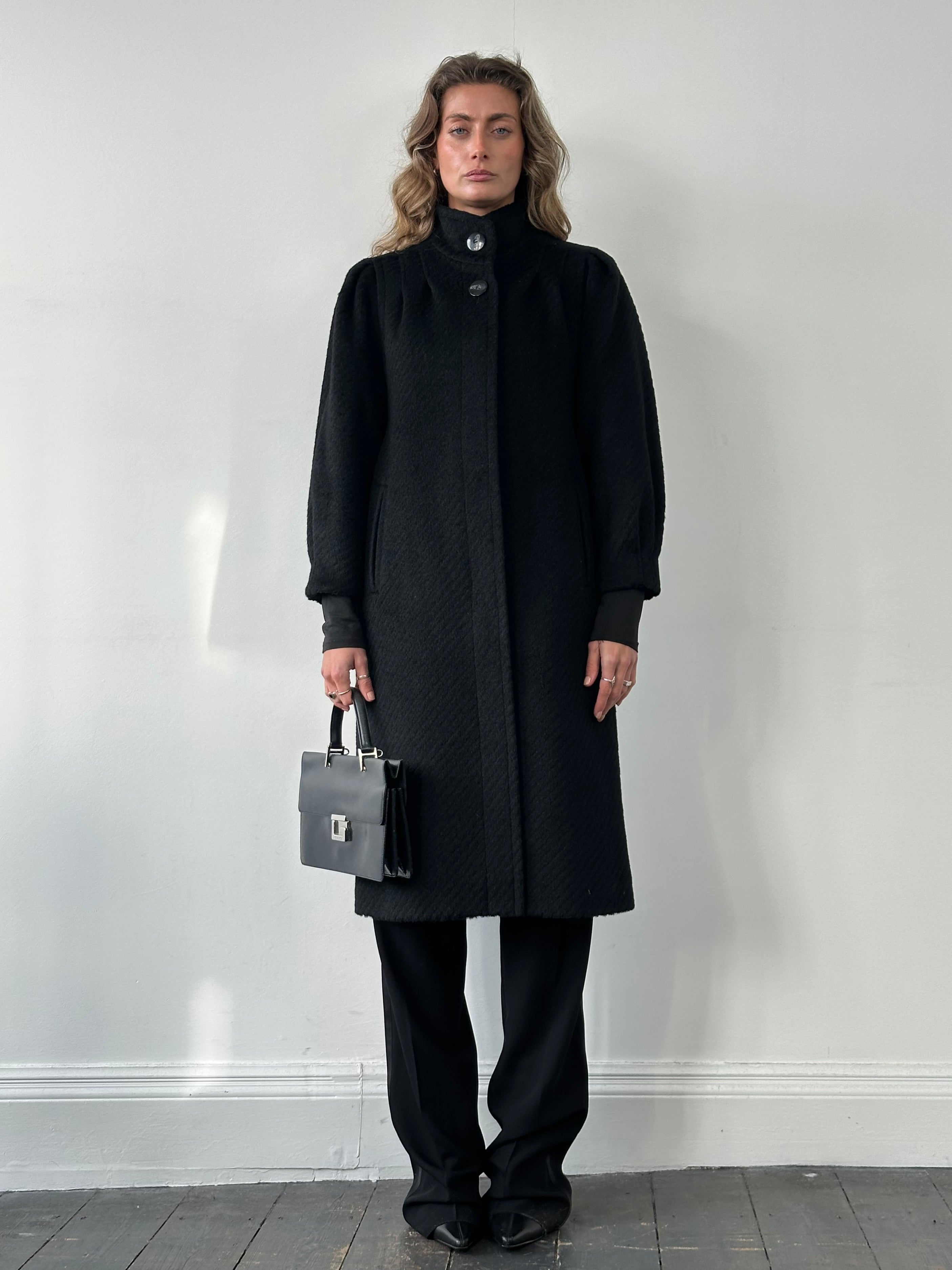 Vintage wool mohair high neck coat with concealed placket, size M, showcasing its textured fabric and classic style.