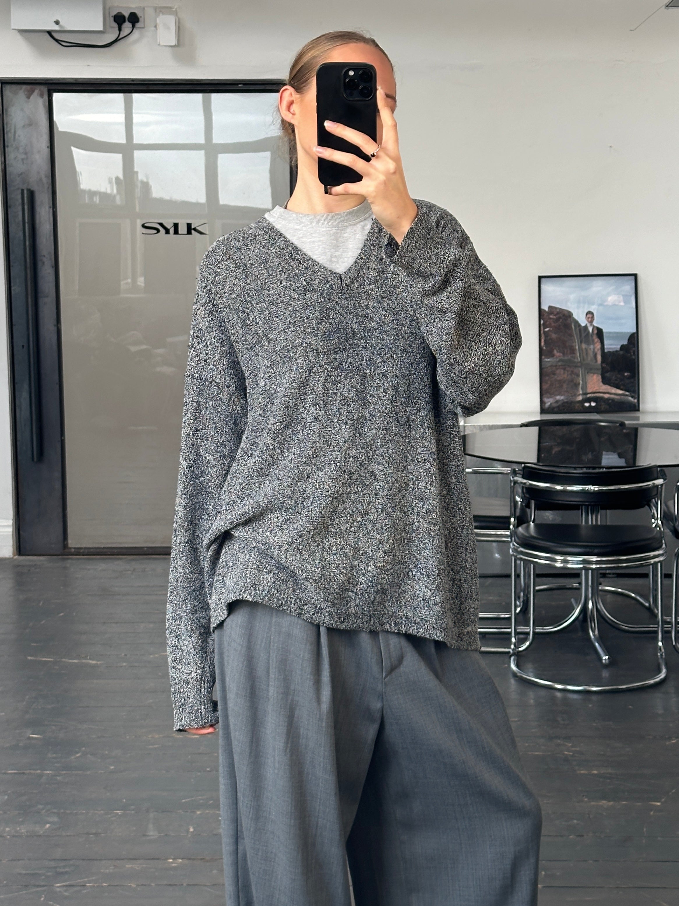 Versace Jeans Couture 1990s wool V-neck jumper in XL, showing the classic design and textured knit fabric.