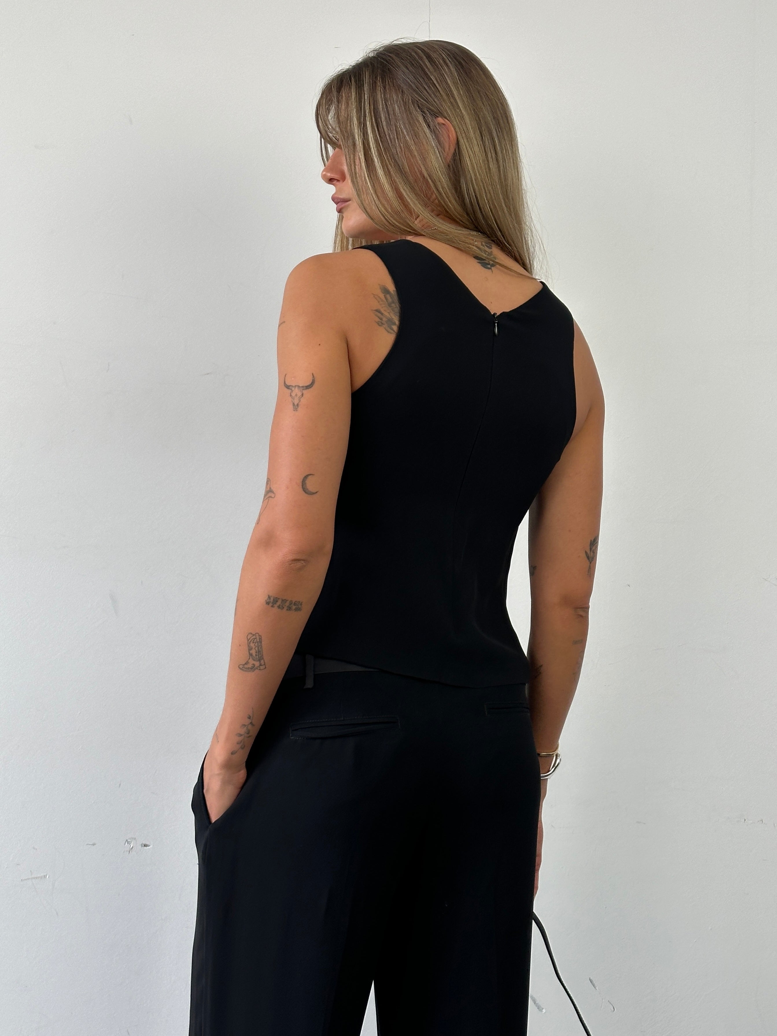 Emporio Armani split front tank top in XS, featuring a stylish design with a split front and sleeveless cut.
