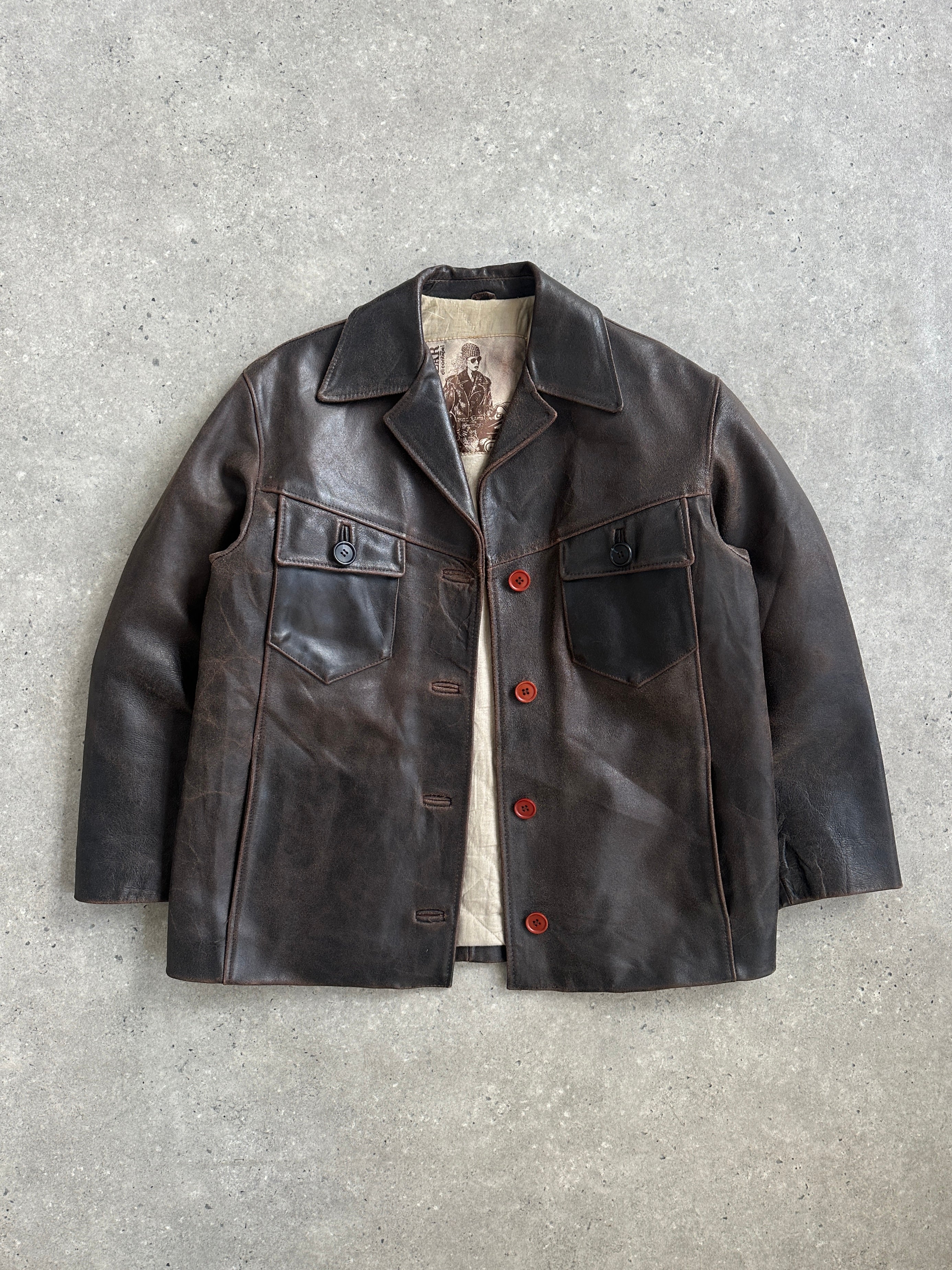 Conbipel 1970s Italian aged leather jacket in size M/L, featuring classic vintage style and rich textured leather.
