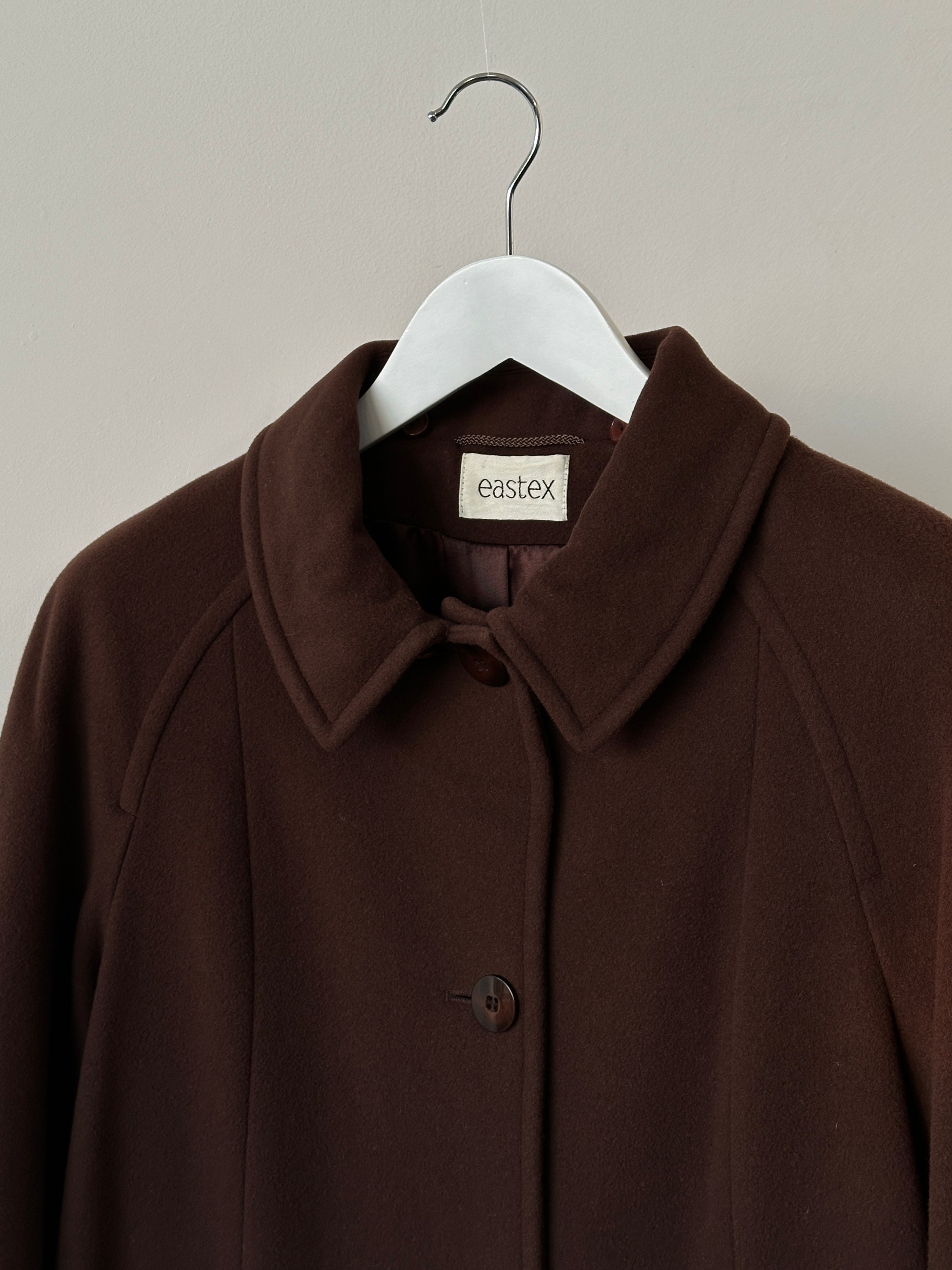 Vintage wool and cashmere coat with removable faux fur collar, stylish and warm for fall and winter wear.