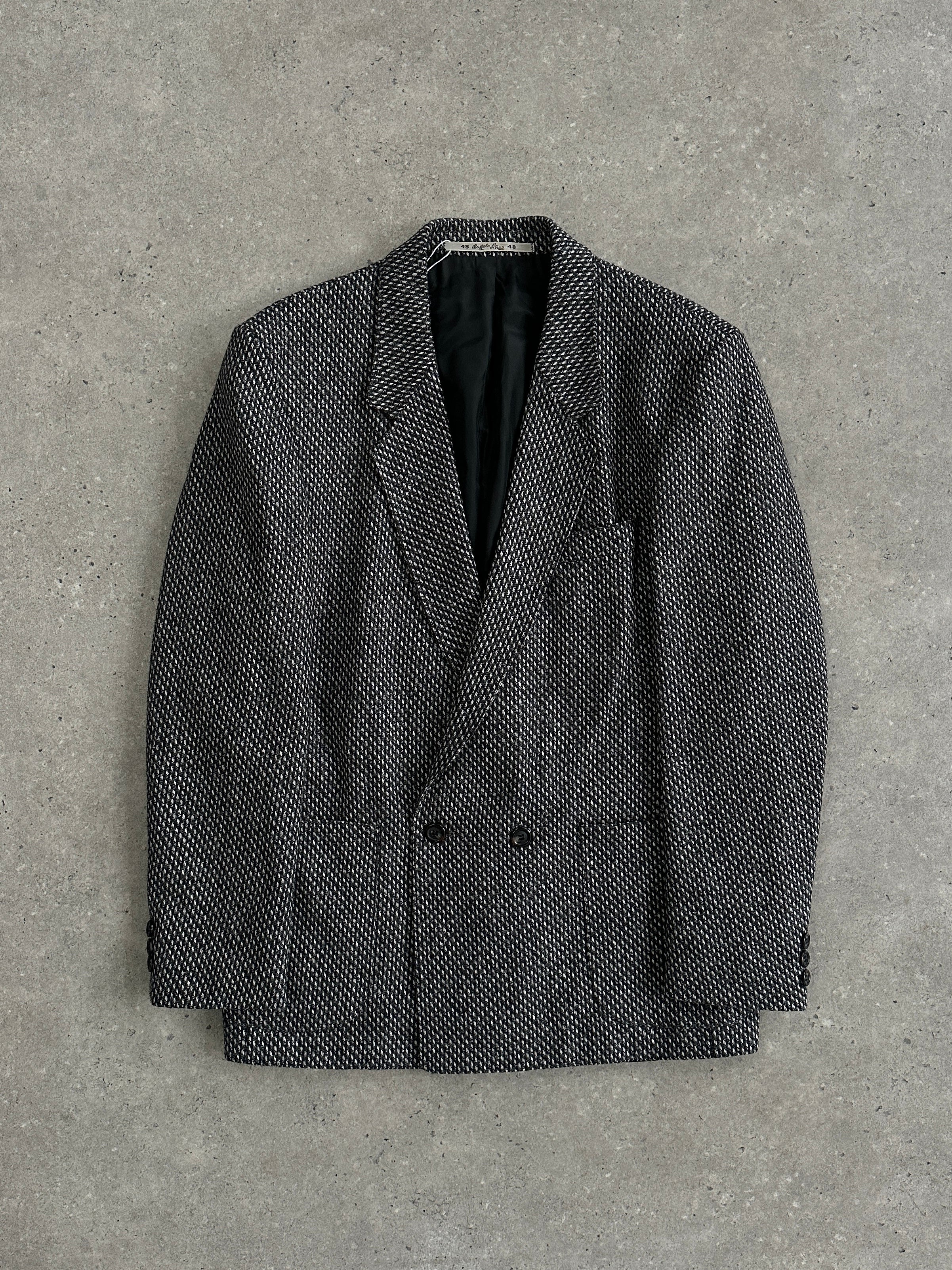 Vintage wool alpaca woven double-breasted blazer for men, featuring classic design and textured fabric in the image.