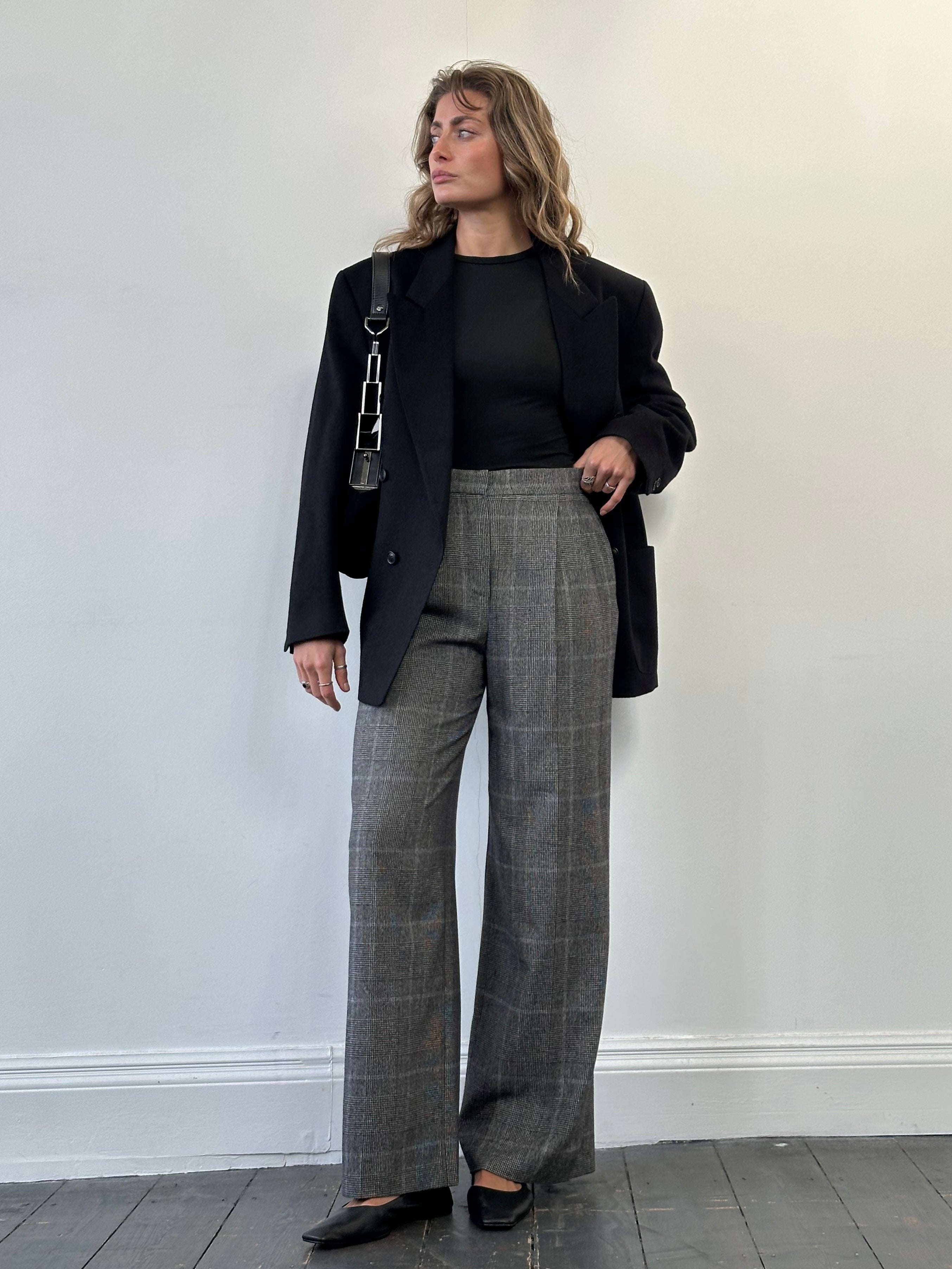 Max Mara Brushed Wool High Waisted Wide Leg Check Trousers - W28 - SYLK