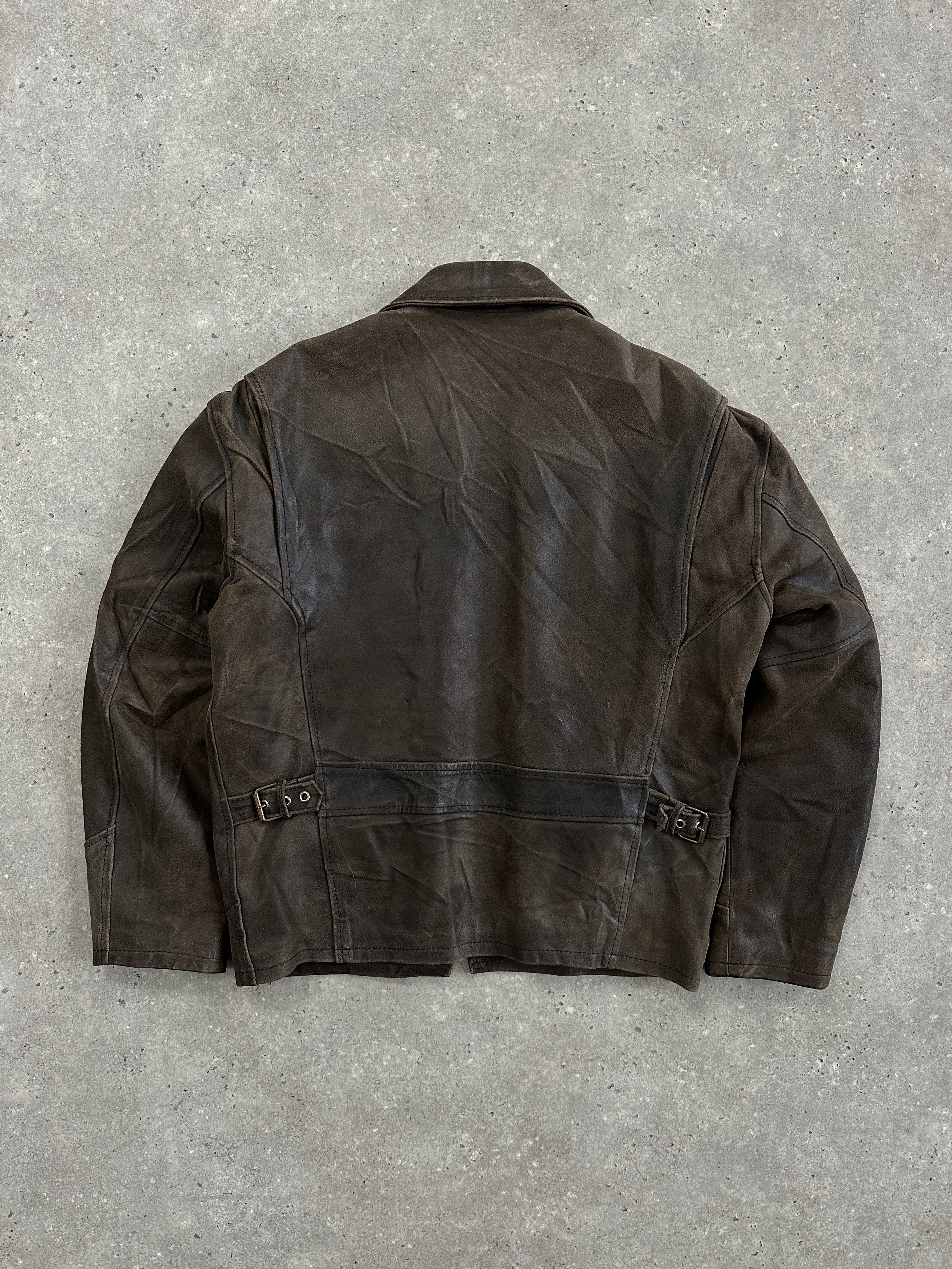 Vintage Italian 1980s distressed leather jacket, XL size, showcasing rugged texture and classic style.