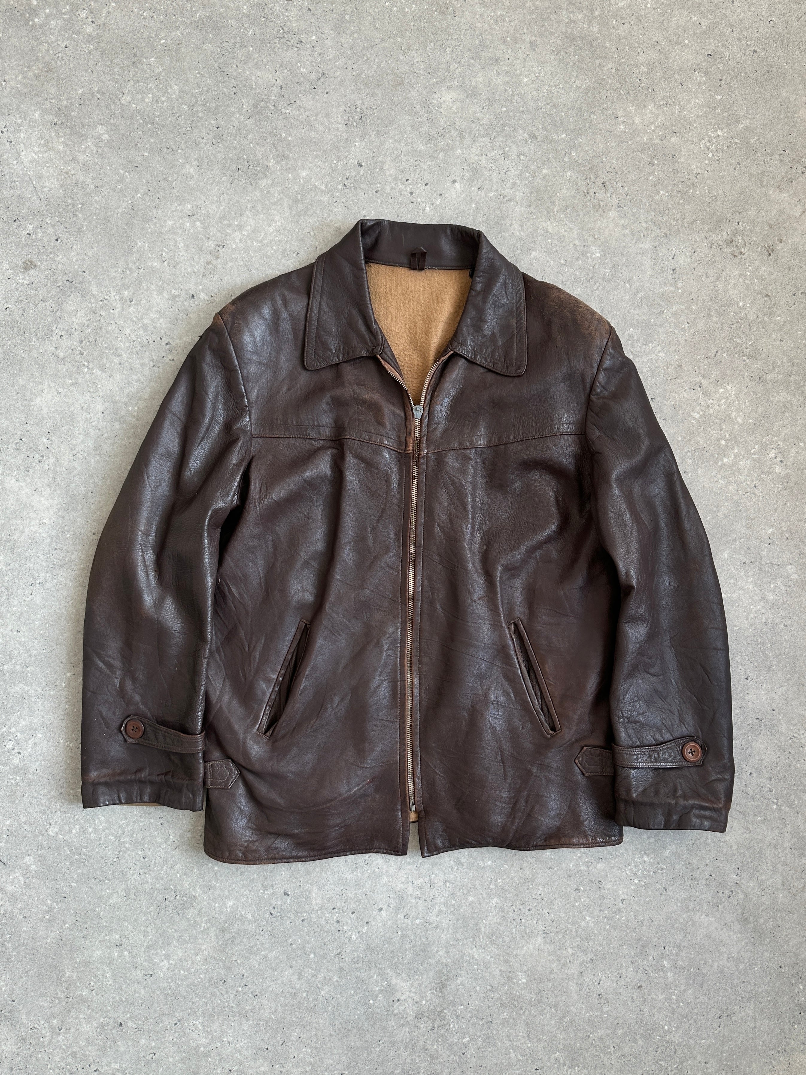 Vintage Distressed Mid Length Leather Jacket - XL - SYLK