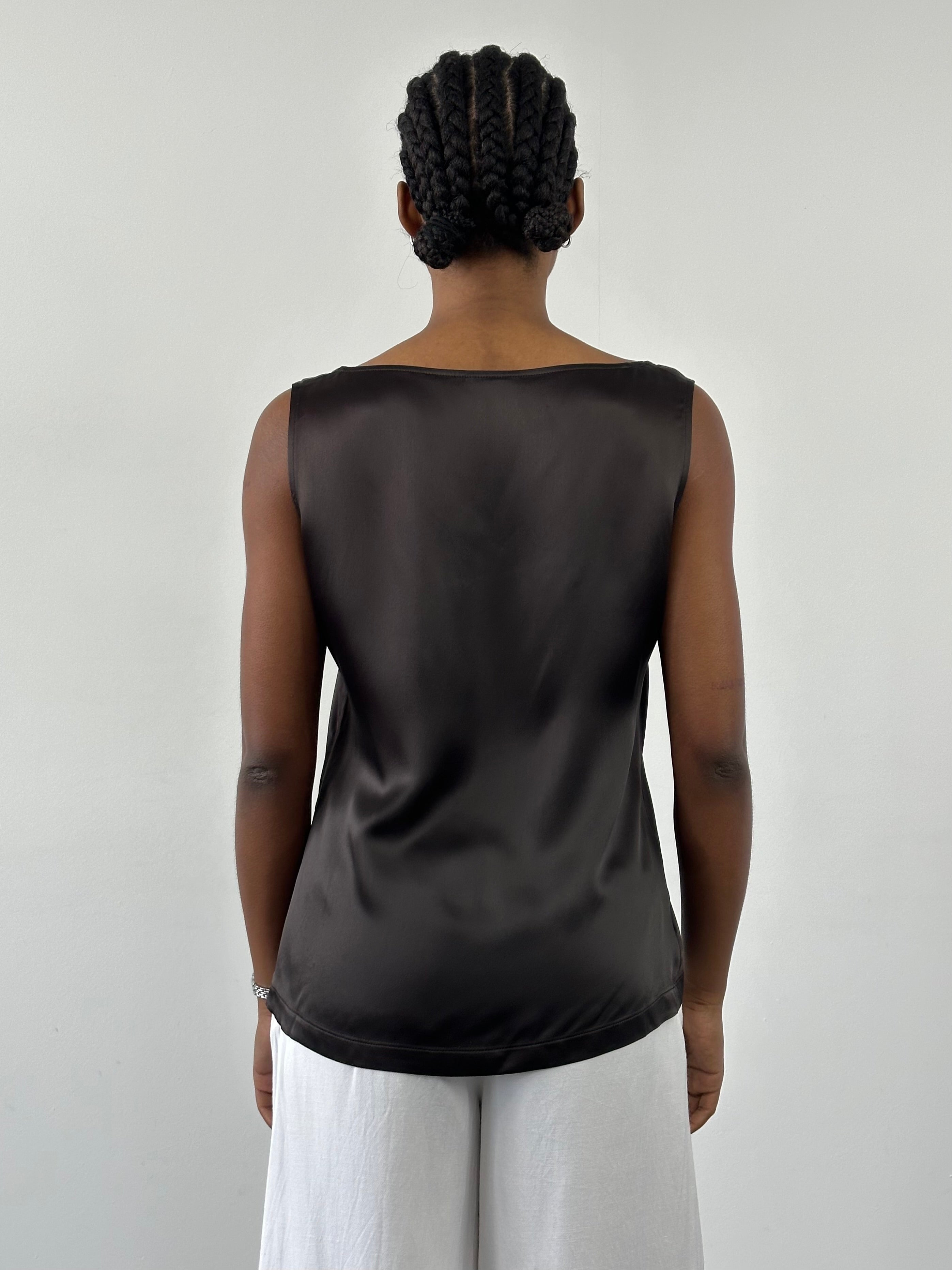 Gianfranco Ferre satin sleeveless top from the 1990s, in size large, featuring a sleek, shiny fabric and elegant design.
