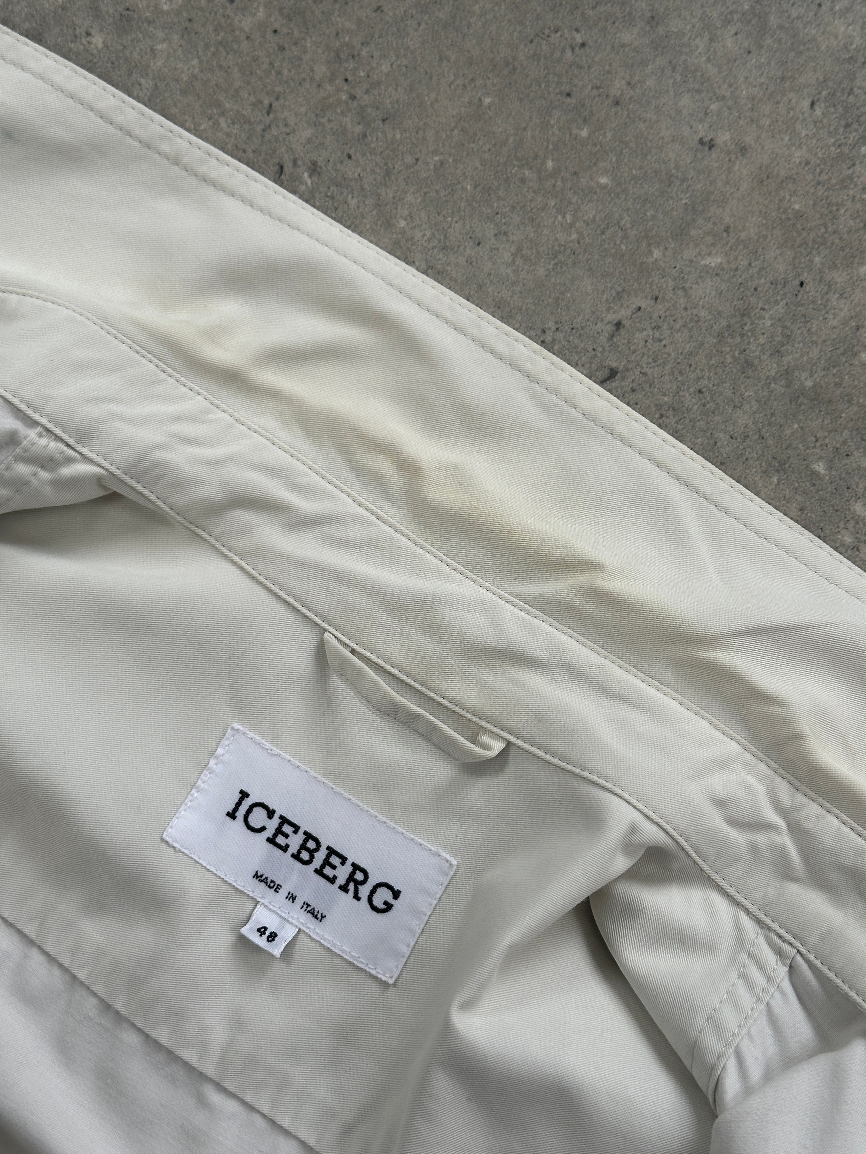 Iceberg button-up bomber jacket in black, featuring a stand collar, ribbed cuffs, and front button closure, casual men's outerwear.