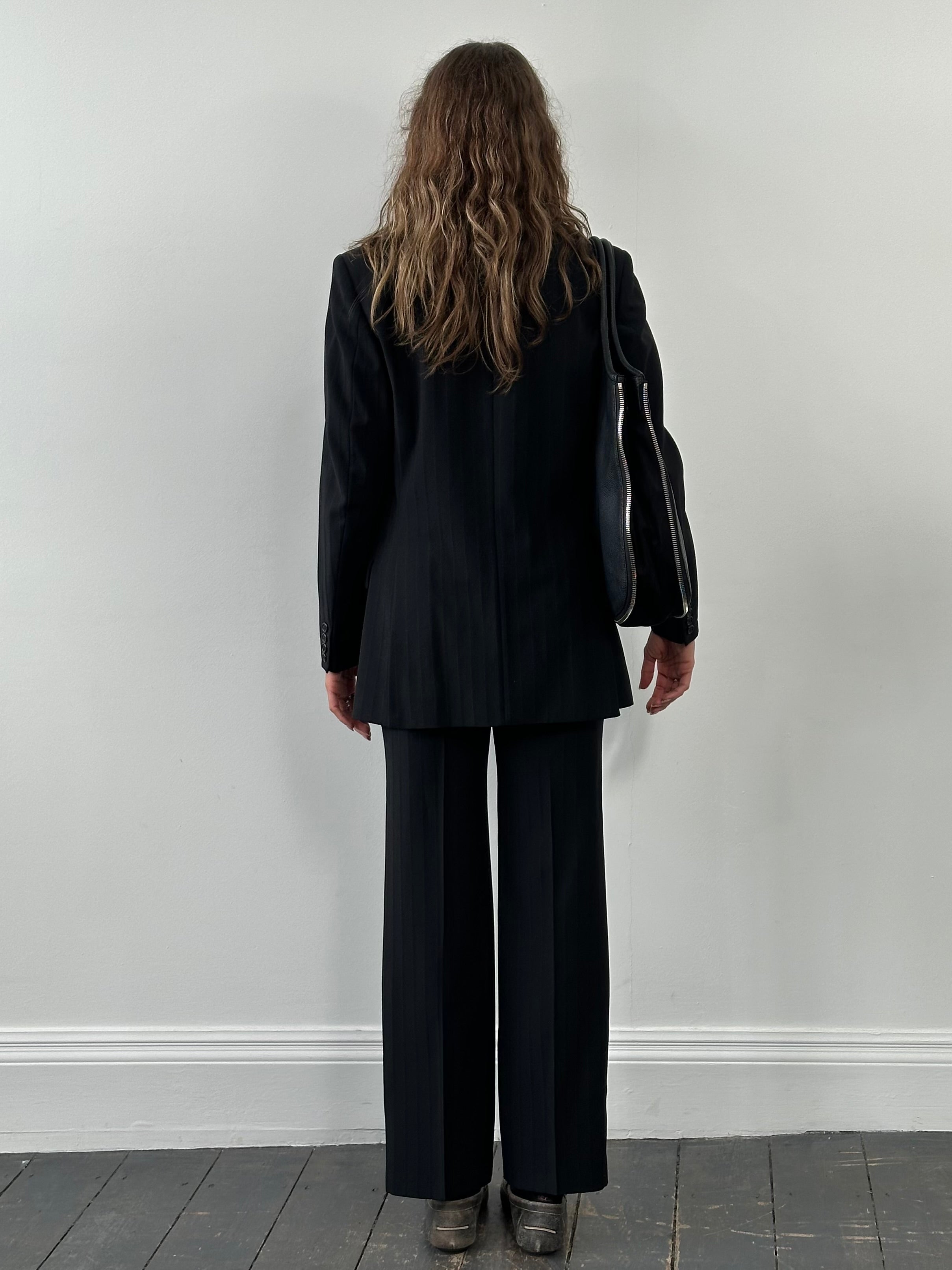 Christian Dior 1990s pure wool striped single-breasted suit, size 38R/W30, featuring classic tailoring and elegant design.