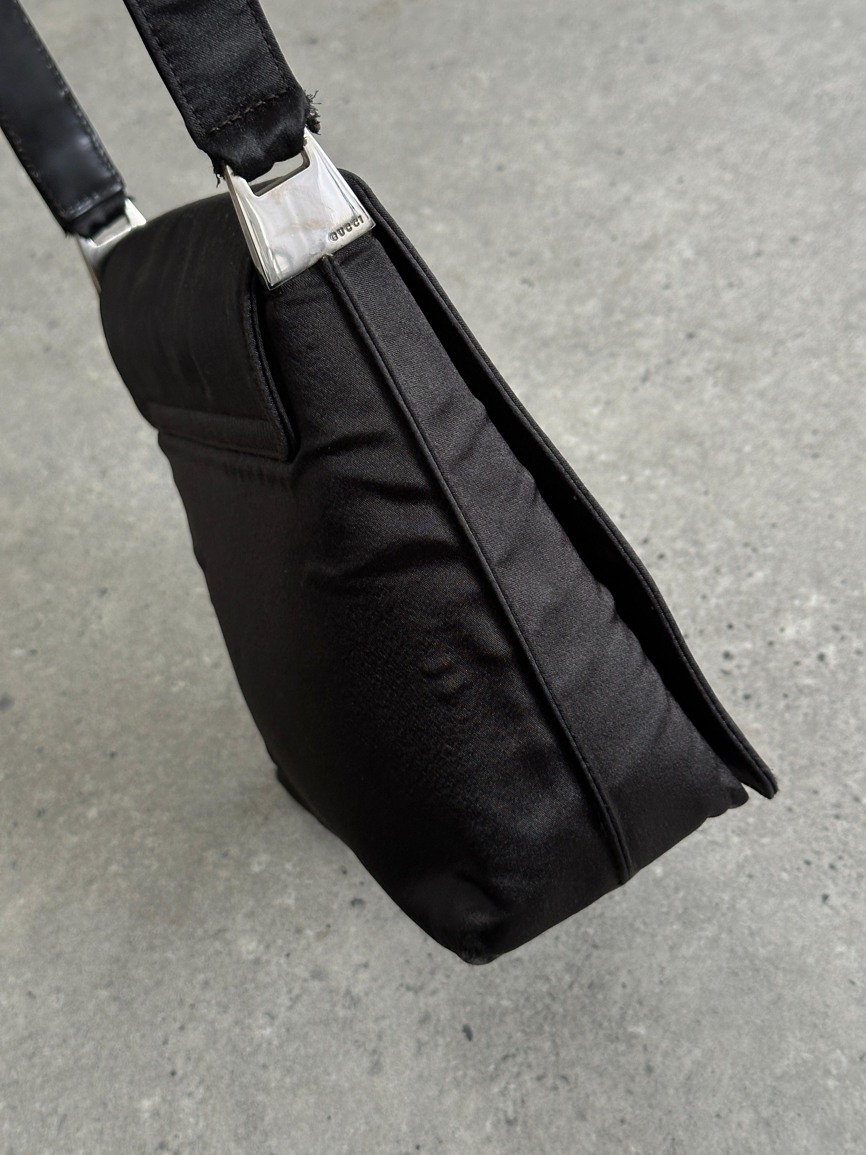 Gucci 2000s satin flap square shoulder bag with signature design, featuring a sleek satin finish and structured shape.