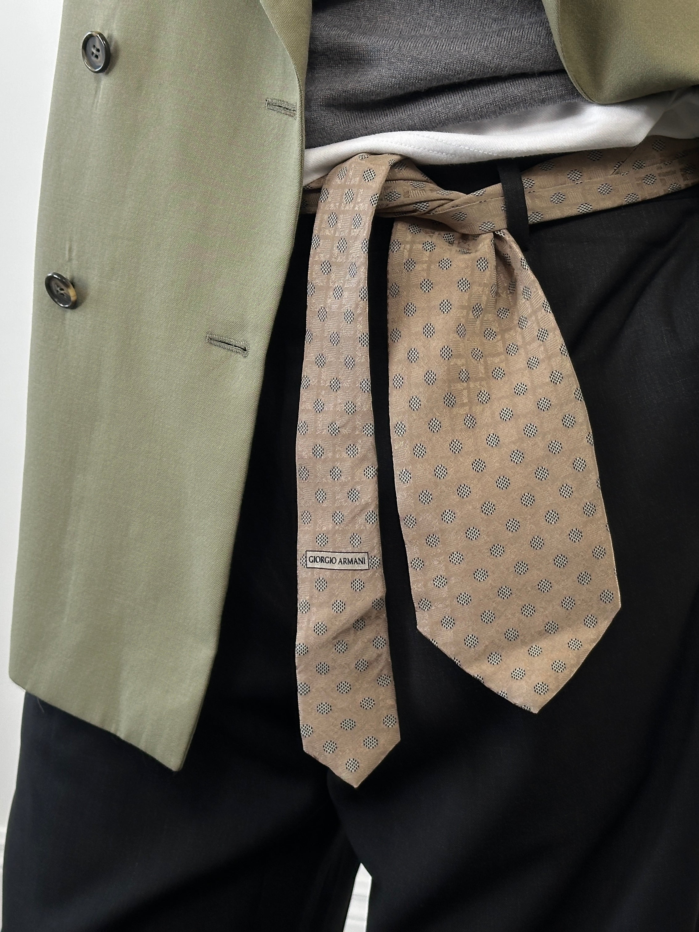 Armani Collezioni 2000s pure silk polka dot tie, men's accessory, featuring black and white dotted pattern.