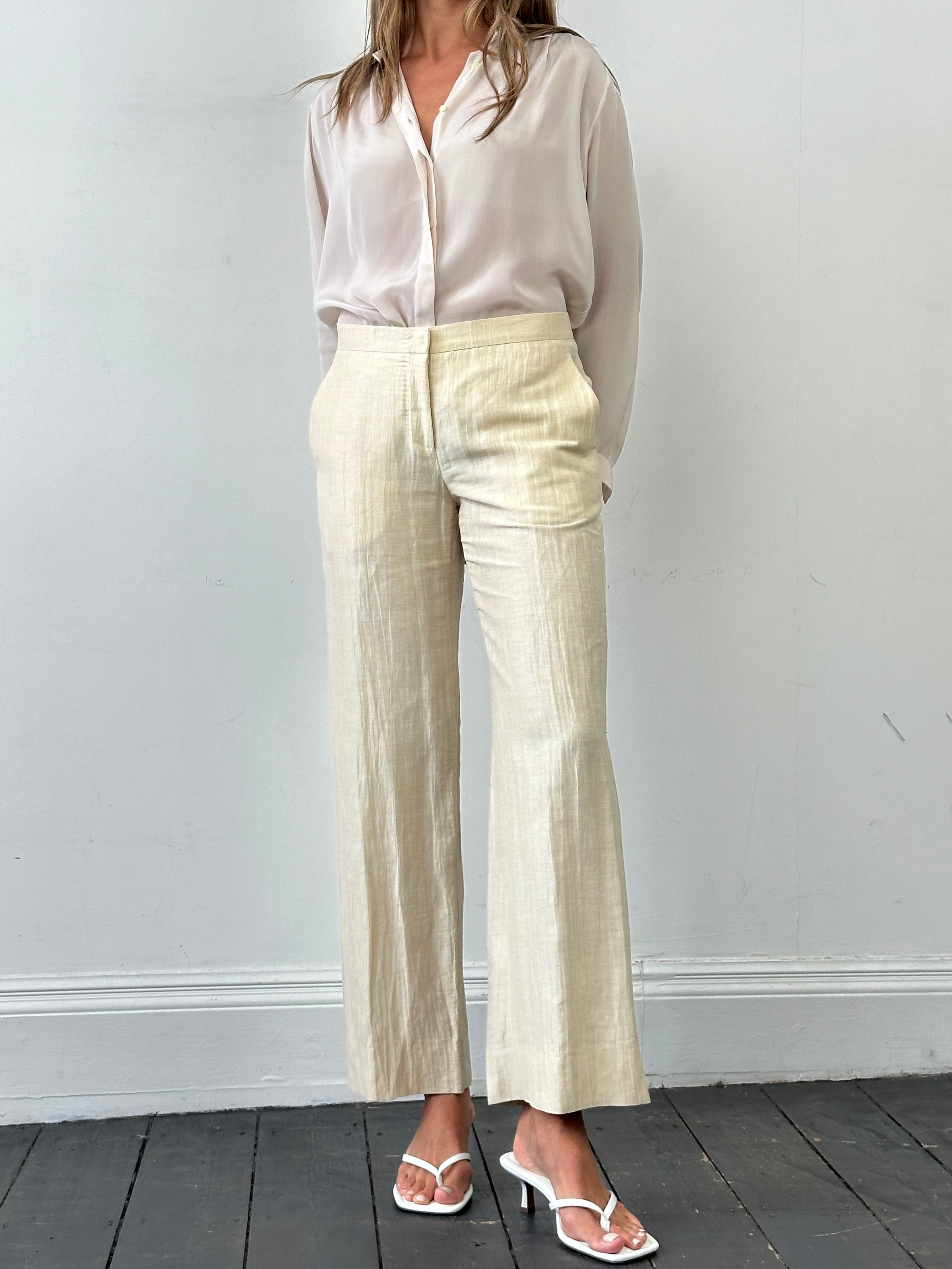 Max Mara linen and silk crinkle low waist trousers in W30, light fabric with relaxed fit and subtle texture.