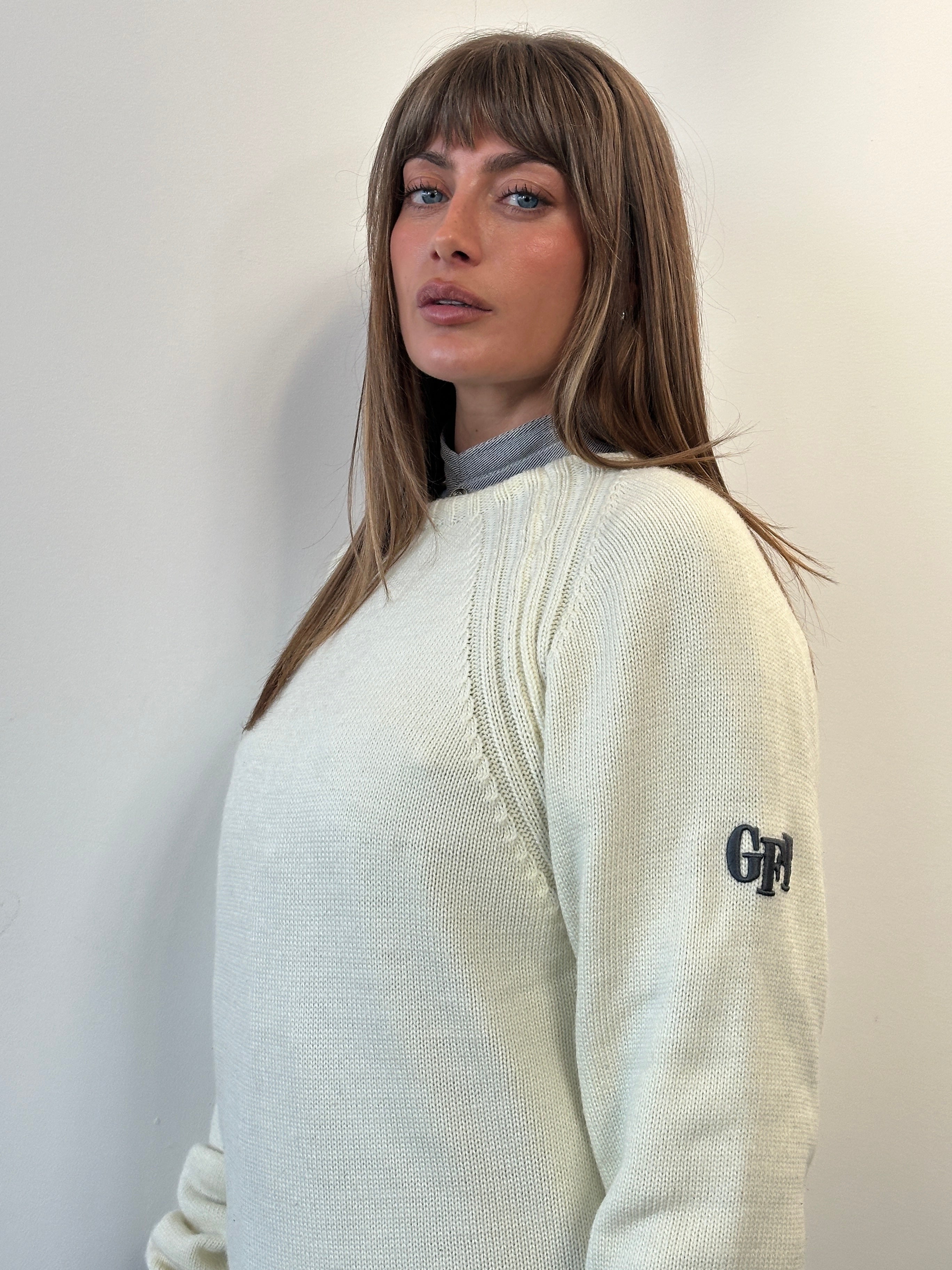 Gianfranco Ferre 2000s pure cotton knitted jumper in size large to extra large, featuring a classic sweater design.