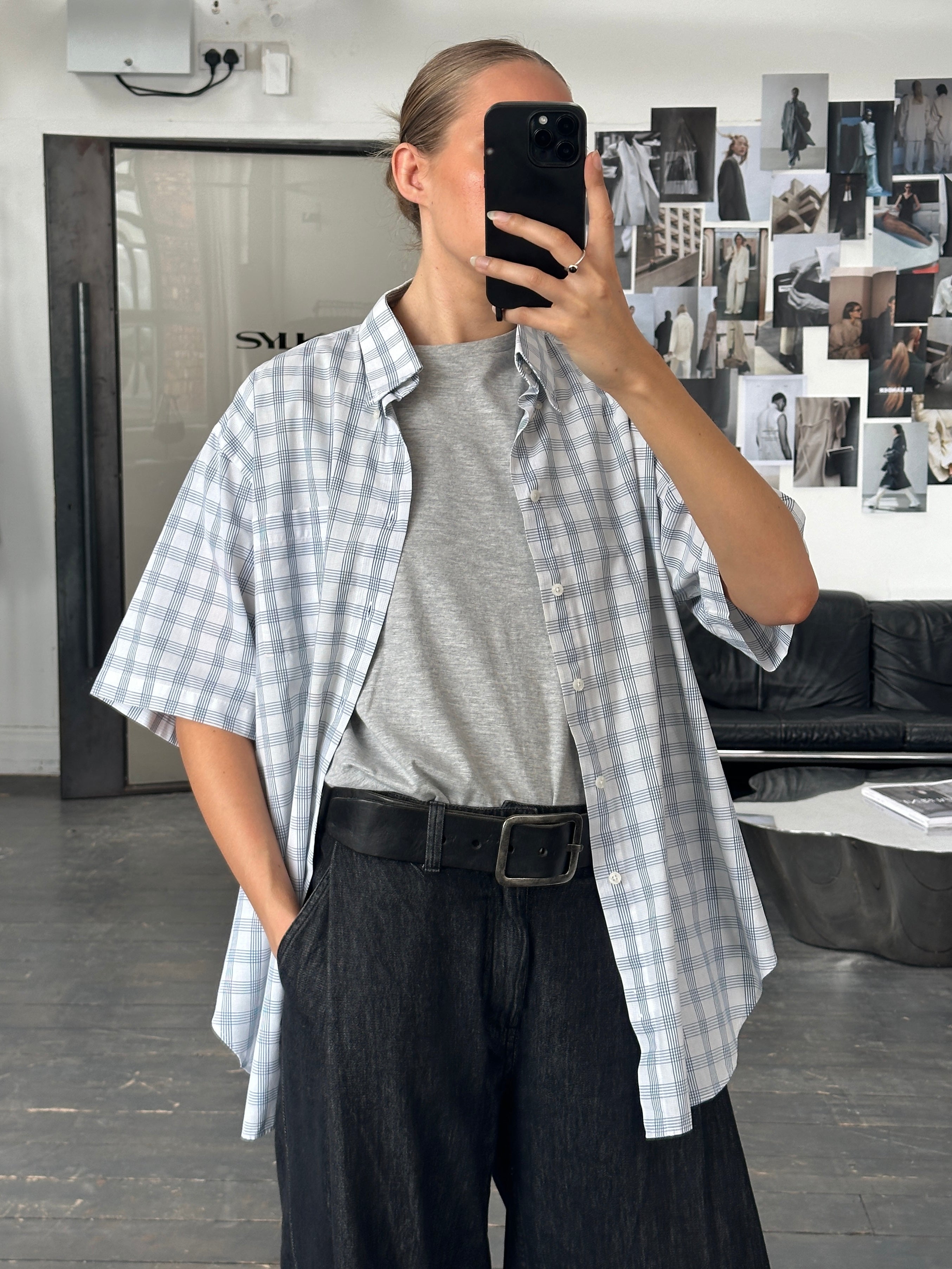 Yves Saint Laurent Pour Homme short sleeve cotton check logo shirt in XL, displayed flat with visible check pattern and logo detail.