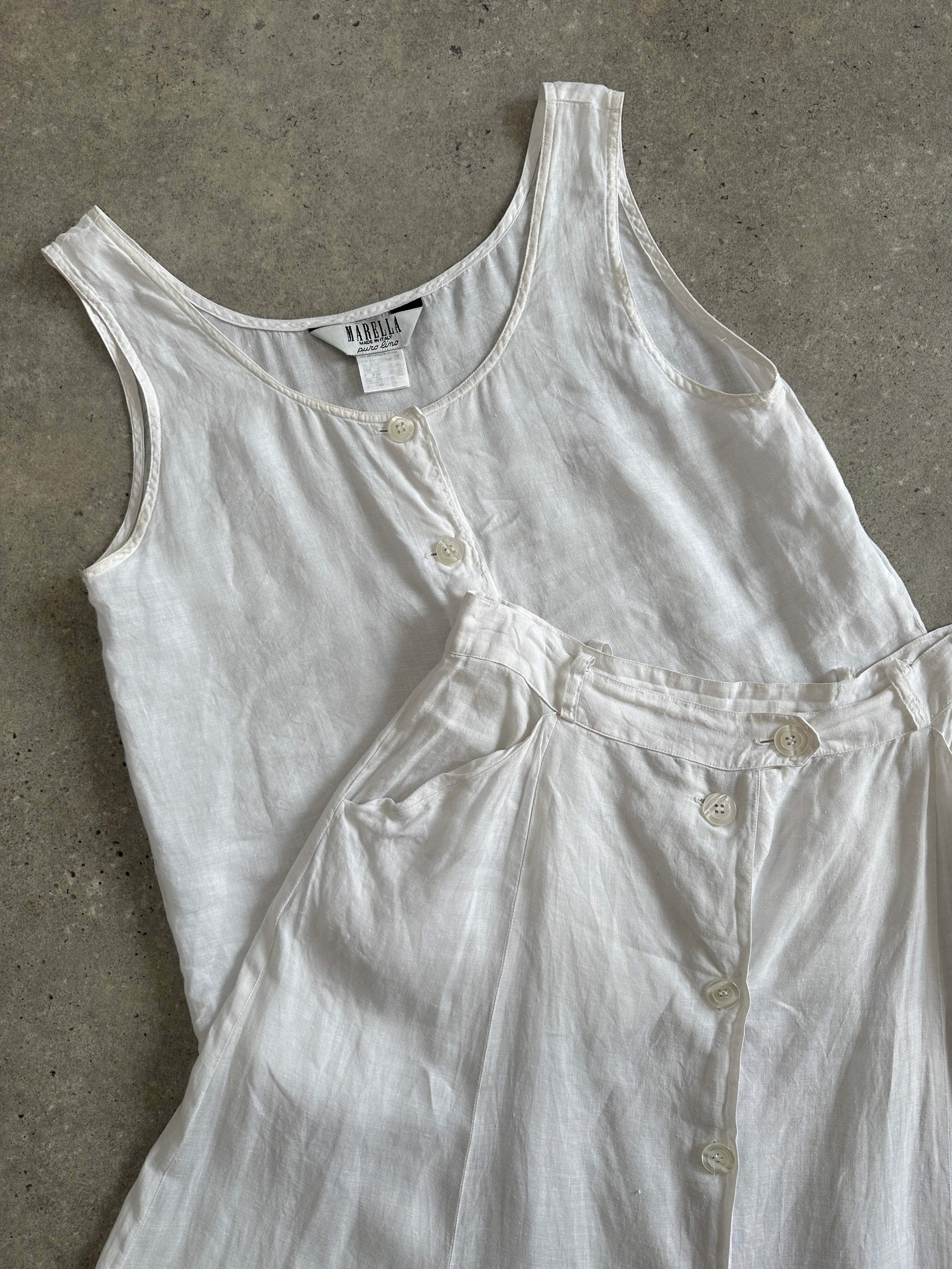 Marella 2000s pure linen two-piece skirt and top set in natural linen fabric, featuring a stylish matching skirt and top design.