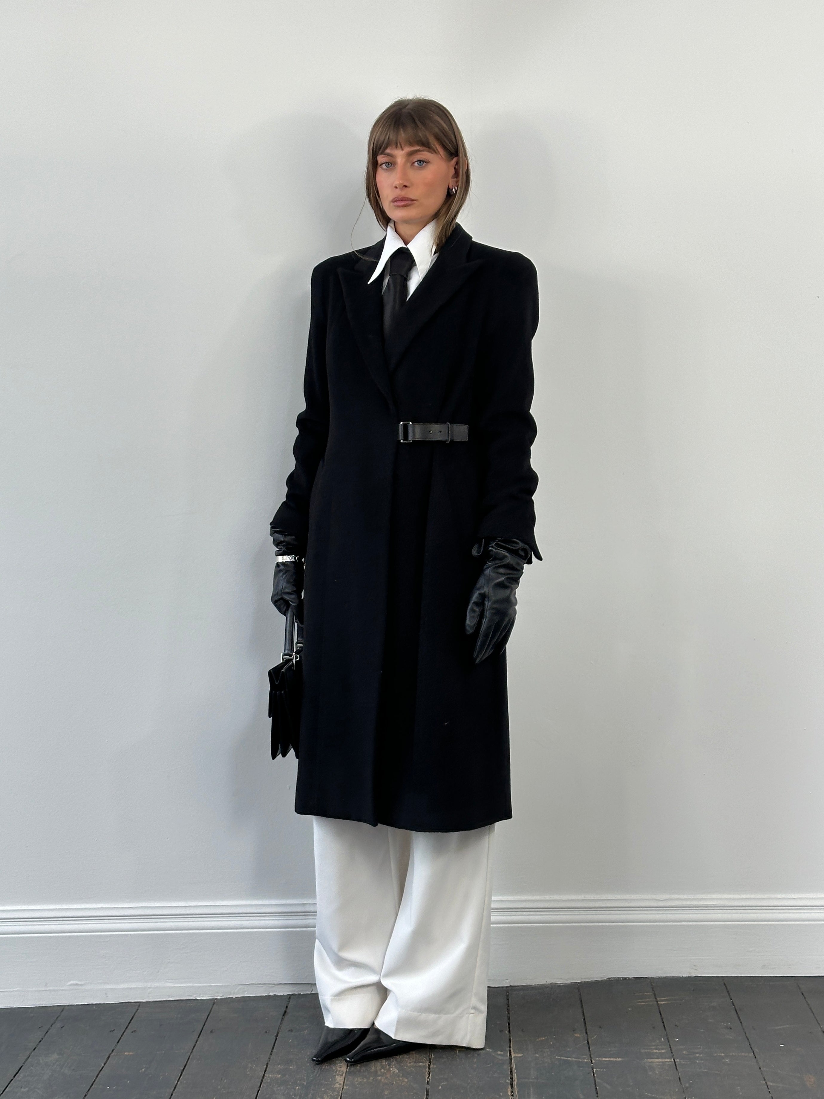 L.K. Bennett pure wool minimal wrap coat in size M, stylish tailored coat with clean lines and neutral color, front view.