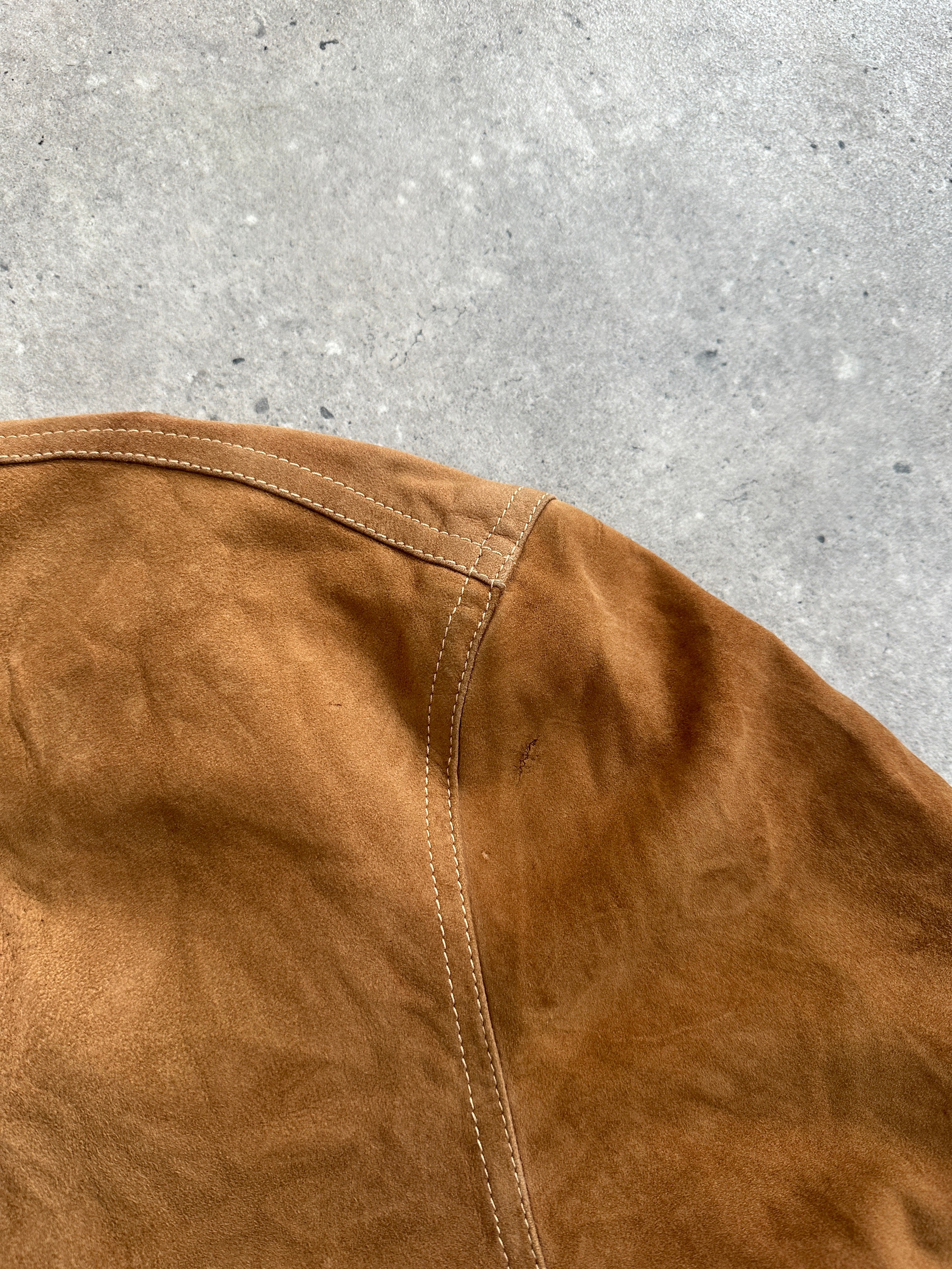 Vintage high neck suede bomber jacket in size M, featuring a classic design with a soft, textured suede exterior and ribbed cuffs.