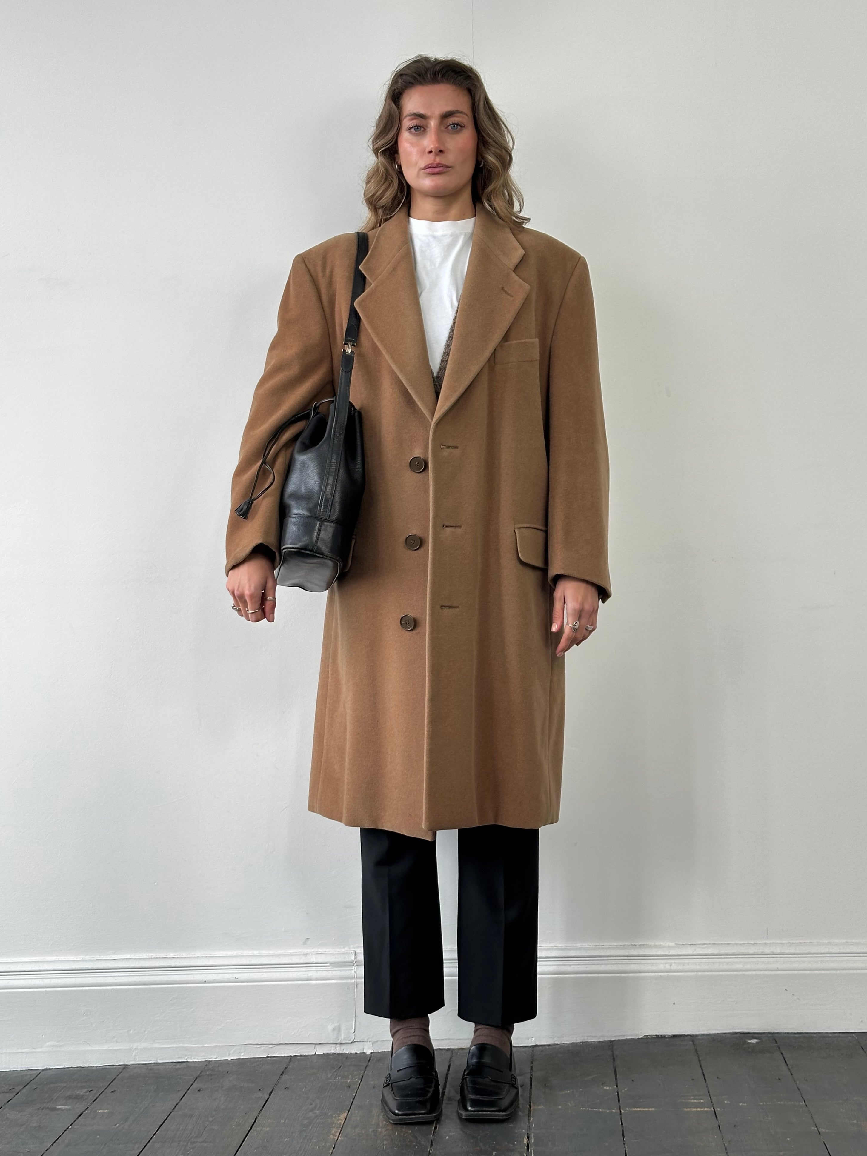 Giorgio Armani Le Collezioni wool cashmere single-breasted coat in size XL, shown in a neutral color with classic tailored fit.
