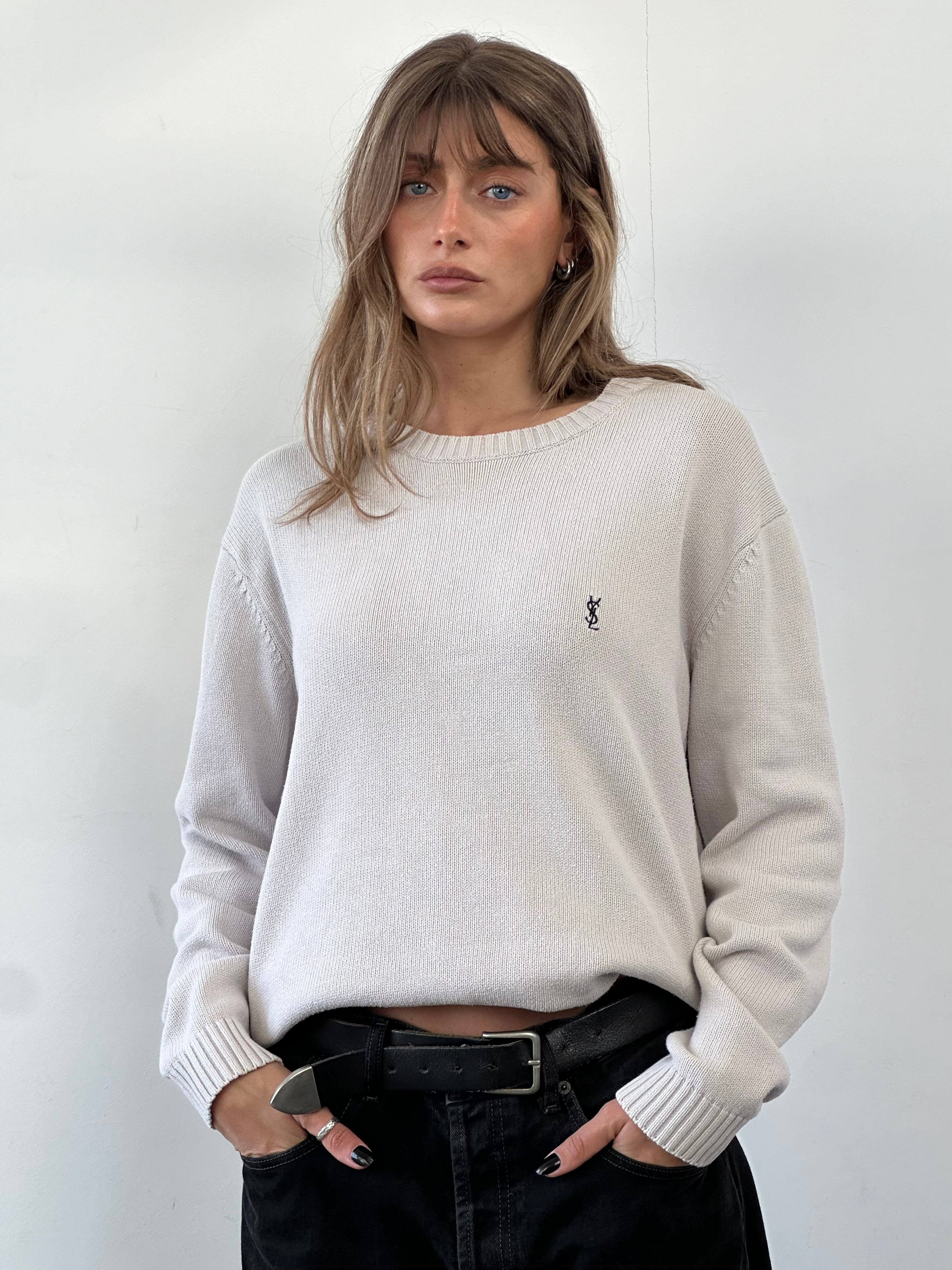Yves Saint Laurent Pour Homme pure cotton knitted jumper featuring the brand's logo, in a classic style with a crew neckline.