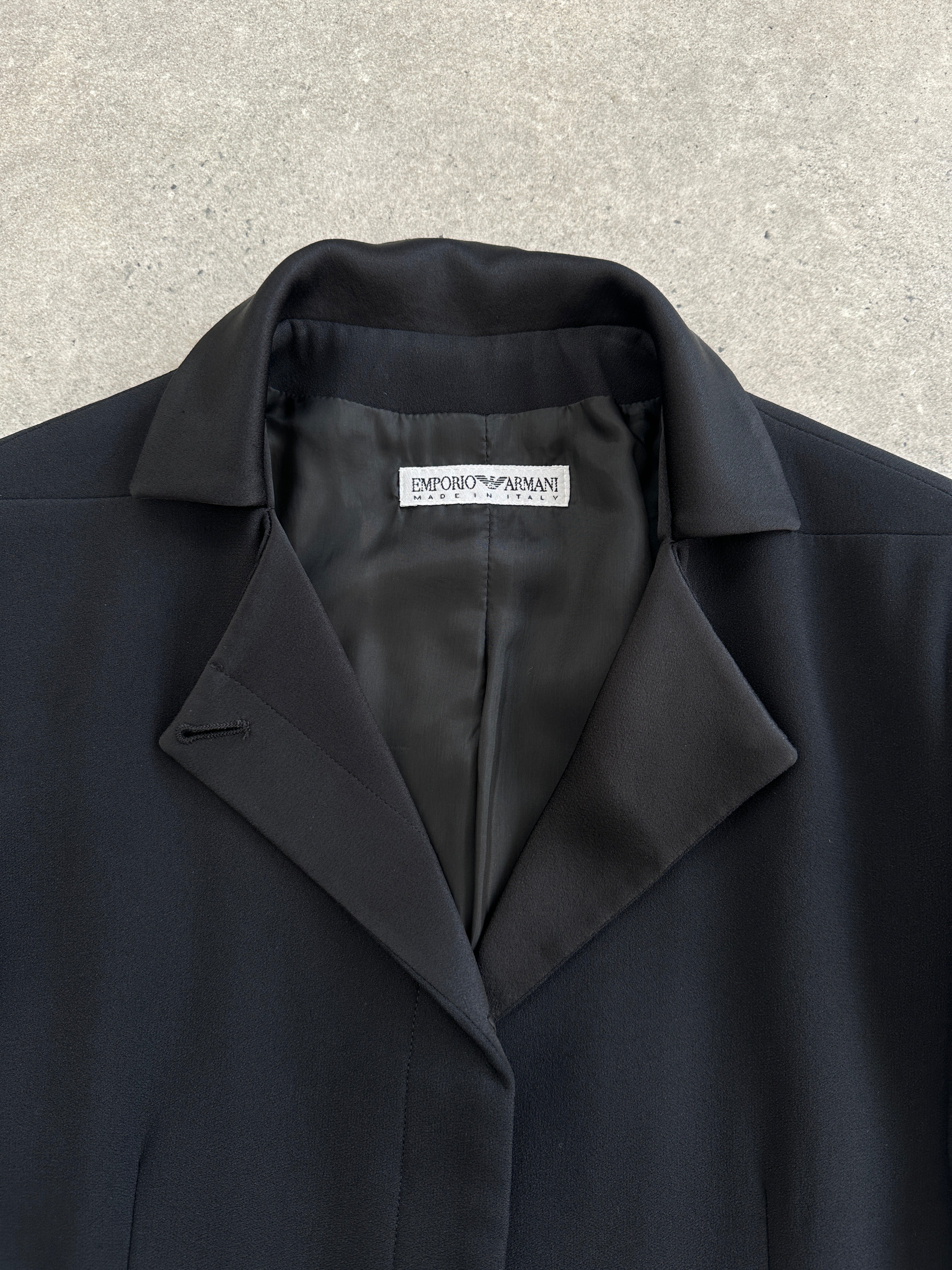 Emporio Armani 1990s high neck tailored blazer jacket in size M, black with structured fit and classic style.