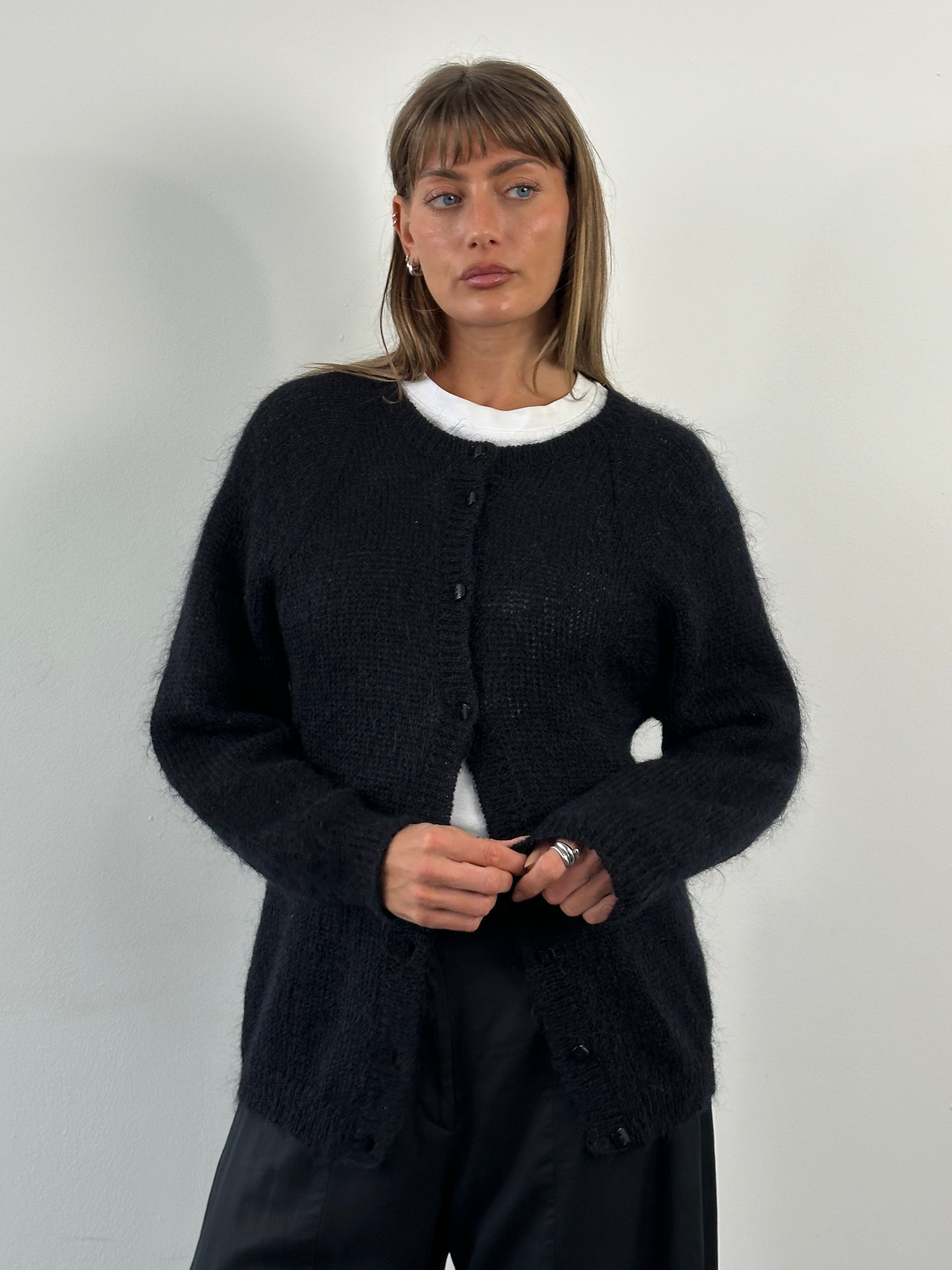 St Michael 1990s beige mohair cardigan, size large, featuring a cozy knitted texture and classic design.